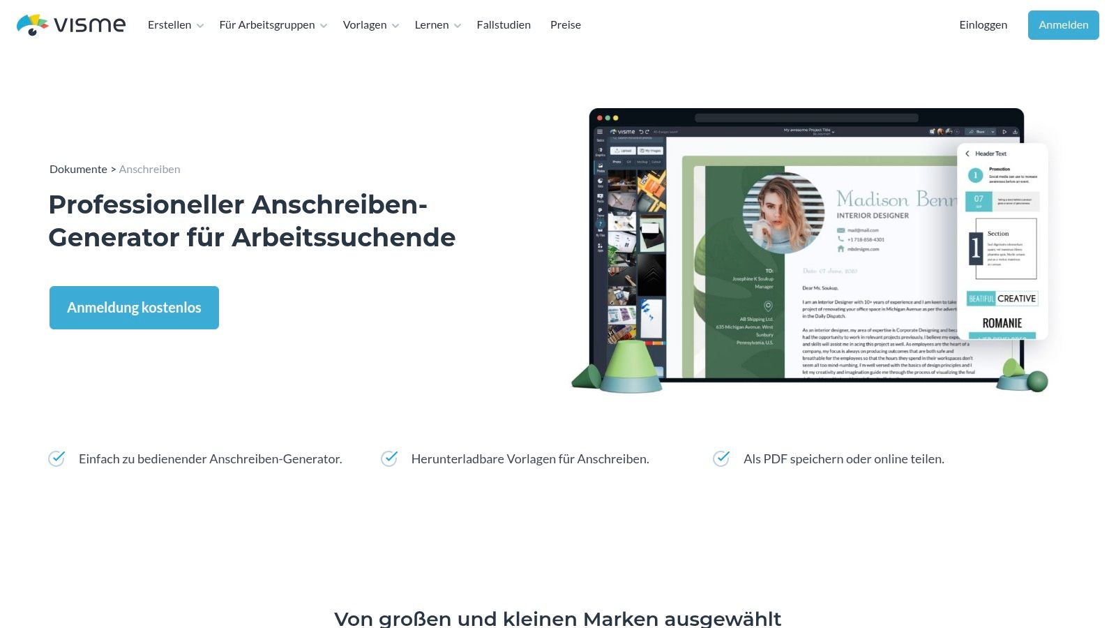 Visme – Anschreiben-Generator (DE-Seite)