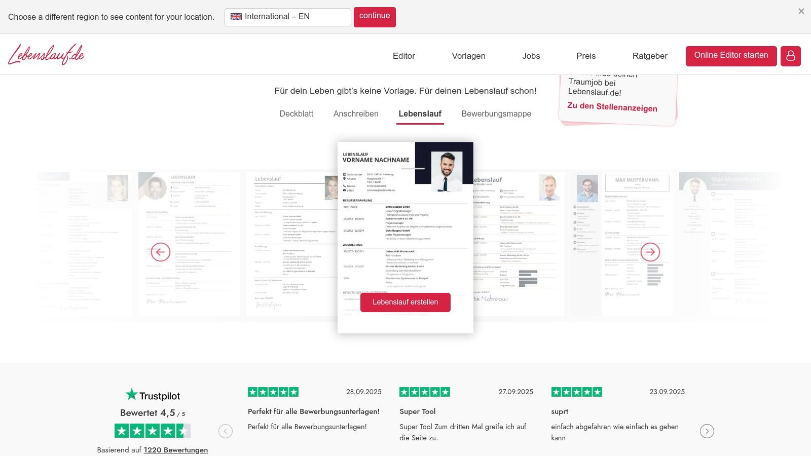 Lebenslauf.de – Editor inkl. Anschreiben