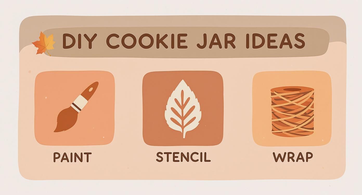 DIY cookie jar decoration ideas showing three autumn crafting methods: paint, stencil, and wrap techniques