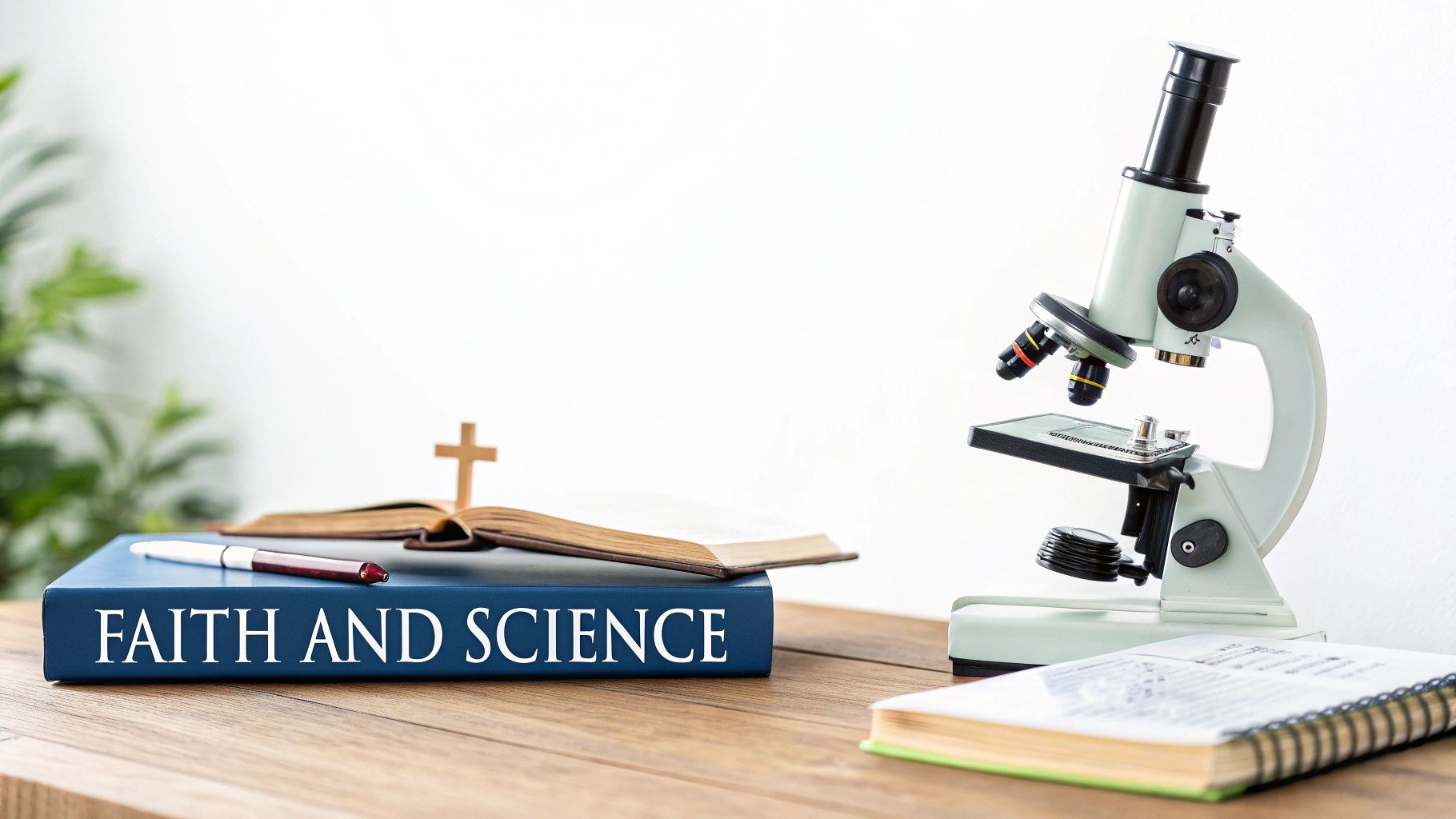 Microscope and history book sitting next to a Bible on a wooden table, symbolizing the integration of faith, science, and history.