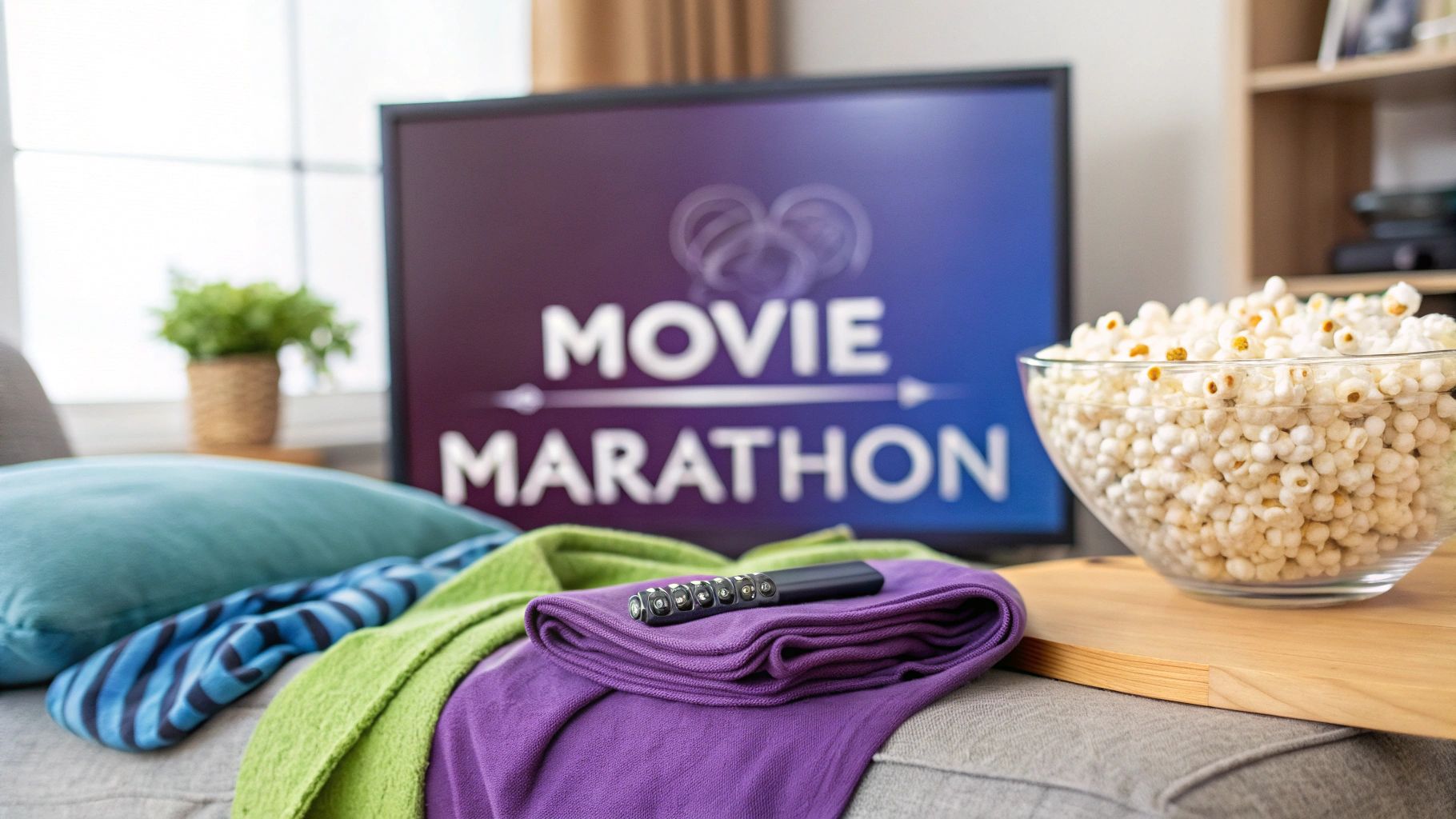 Cozy movie marathon setup with popcorn bowl, blankets, remote control and television screen