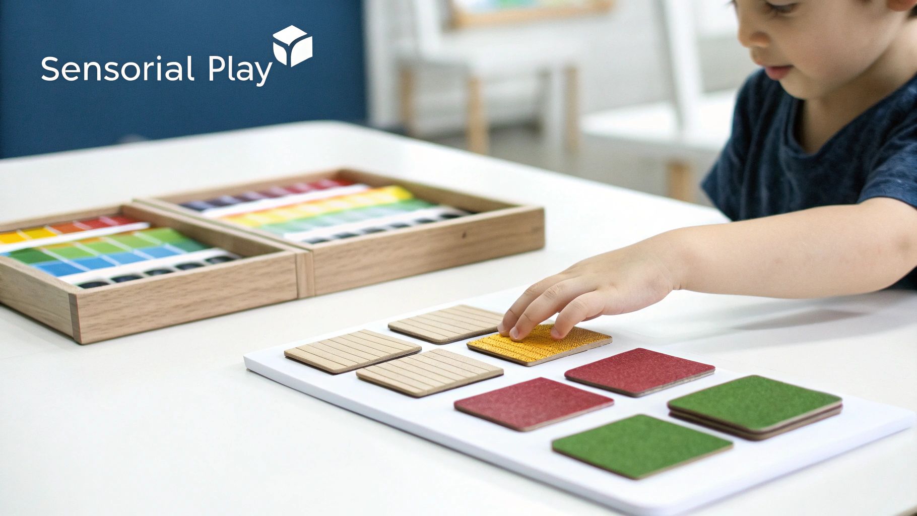 Child engaging with colorful textured sensory tiles during Montessori tactile learning activity at white table