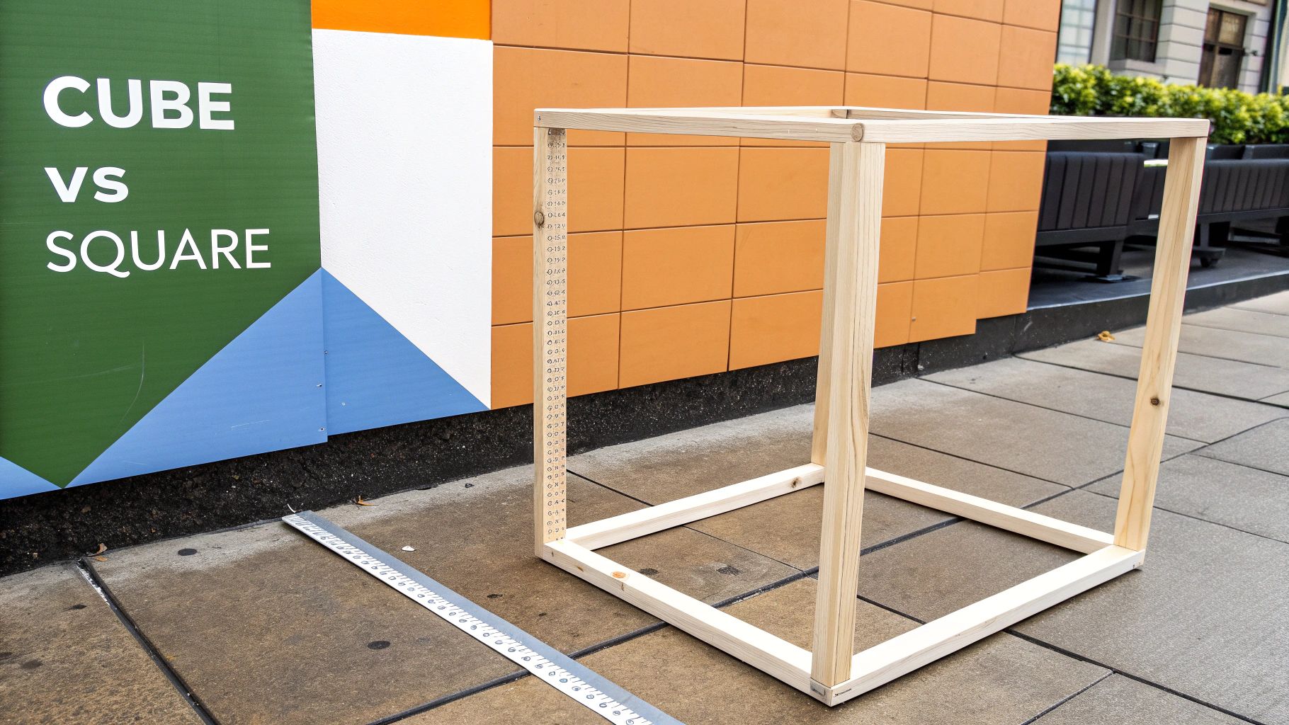 Visual representation of a cubic yard as a 3x3x3 cube next to a 1x1 square foot tile, illustrating the difference between volume and area.