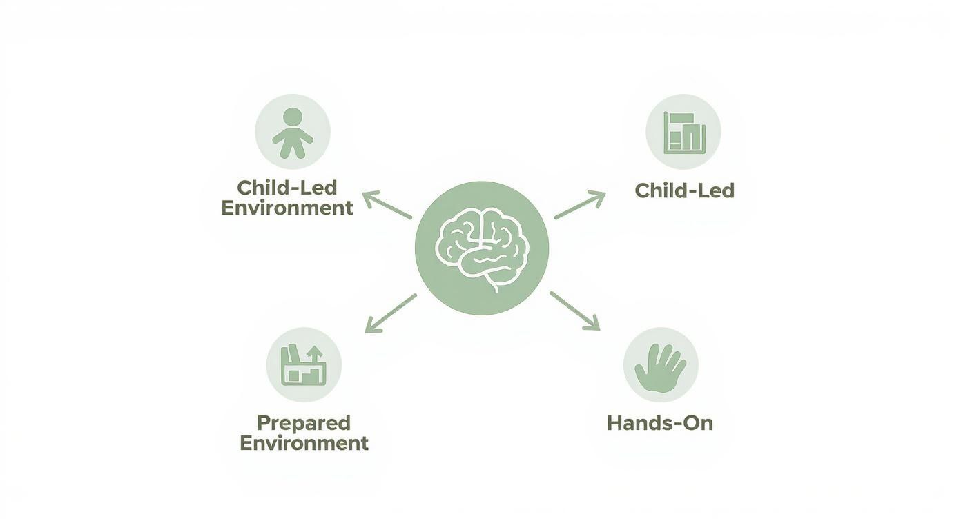Montessori method diagram showing brain at center connected to child-led environment, prepared environment, and hands-on learning