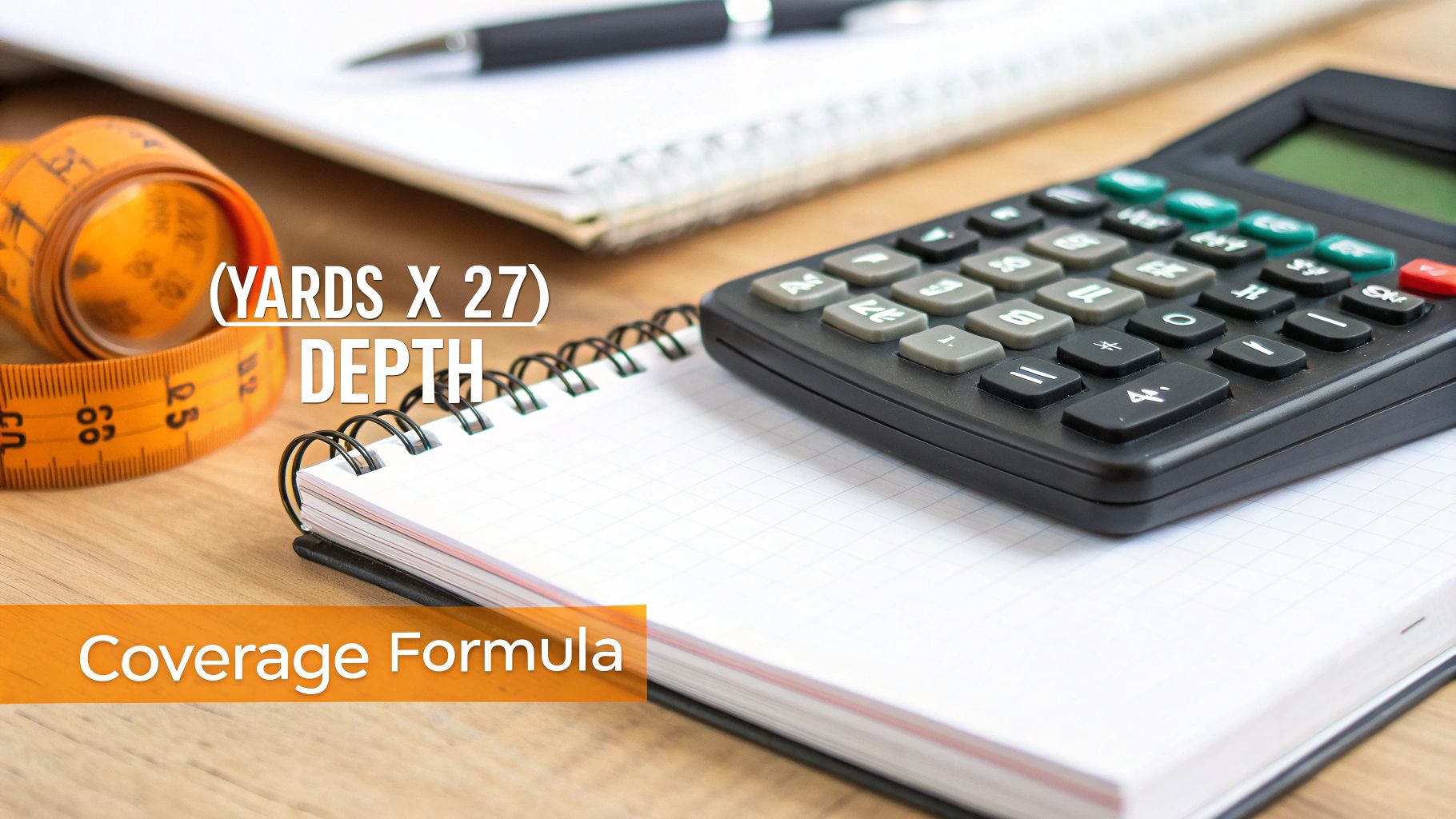 A person using a calculator and notepad to plan a landscaping project, illustrating the formula.