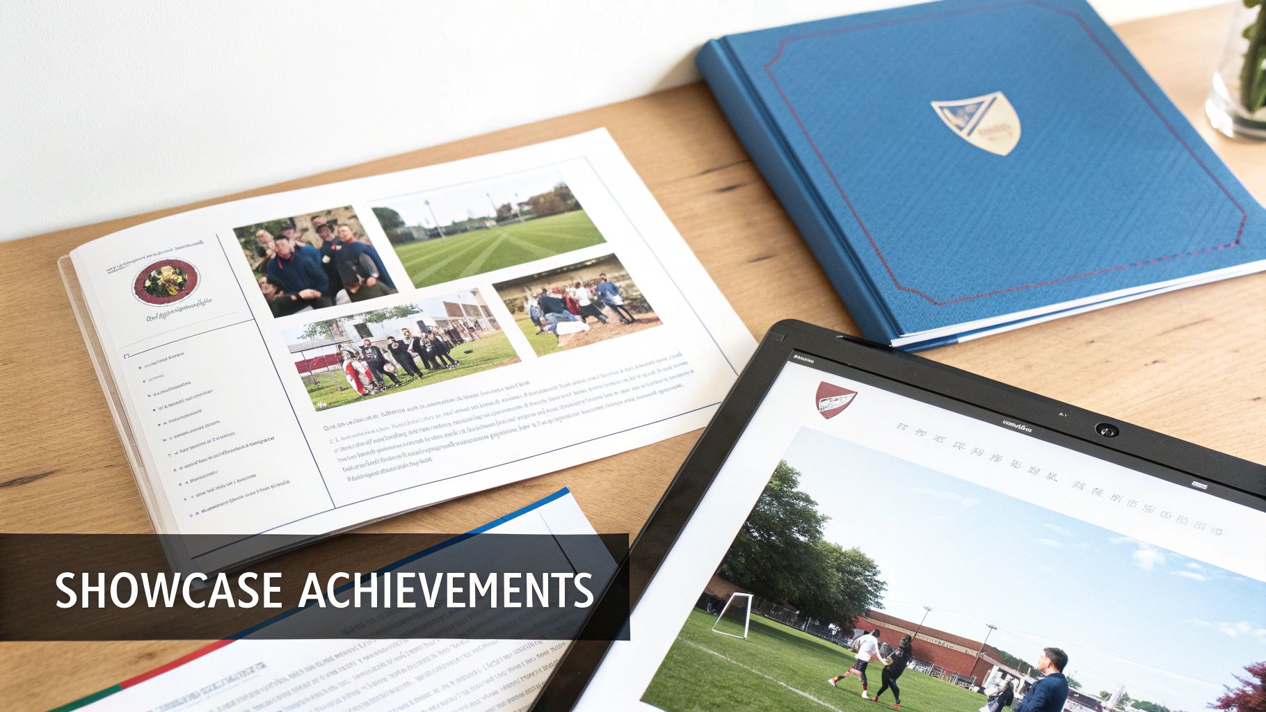 A collection of student projects and awards displayed neatly on a desk