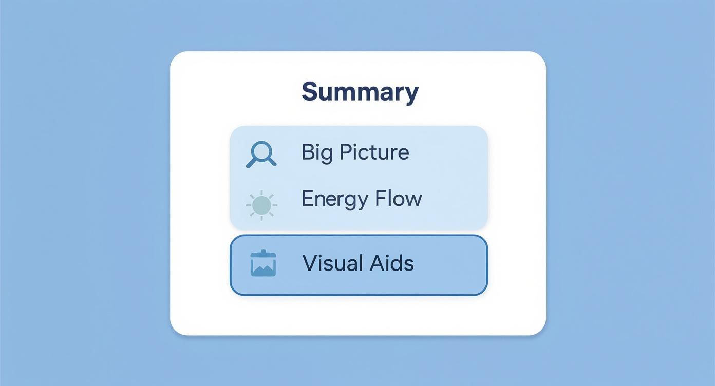 Summary card showing three learning sections: Big Picture, Energy Flow, and Visual Aids with icons