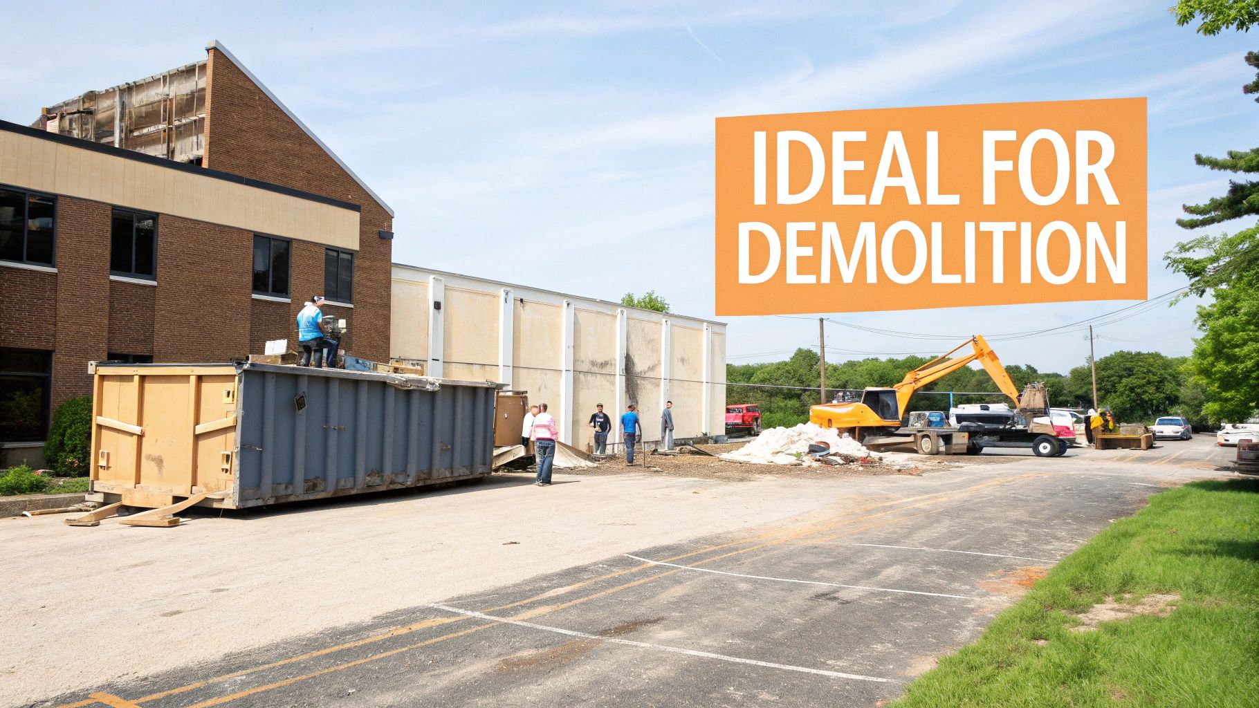 Contractor standing by a large roll-off dumpster at a construction site.