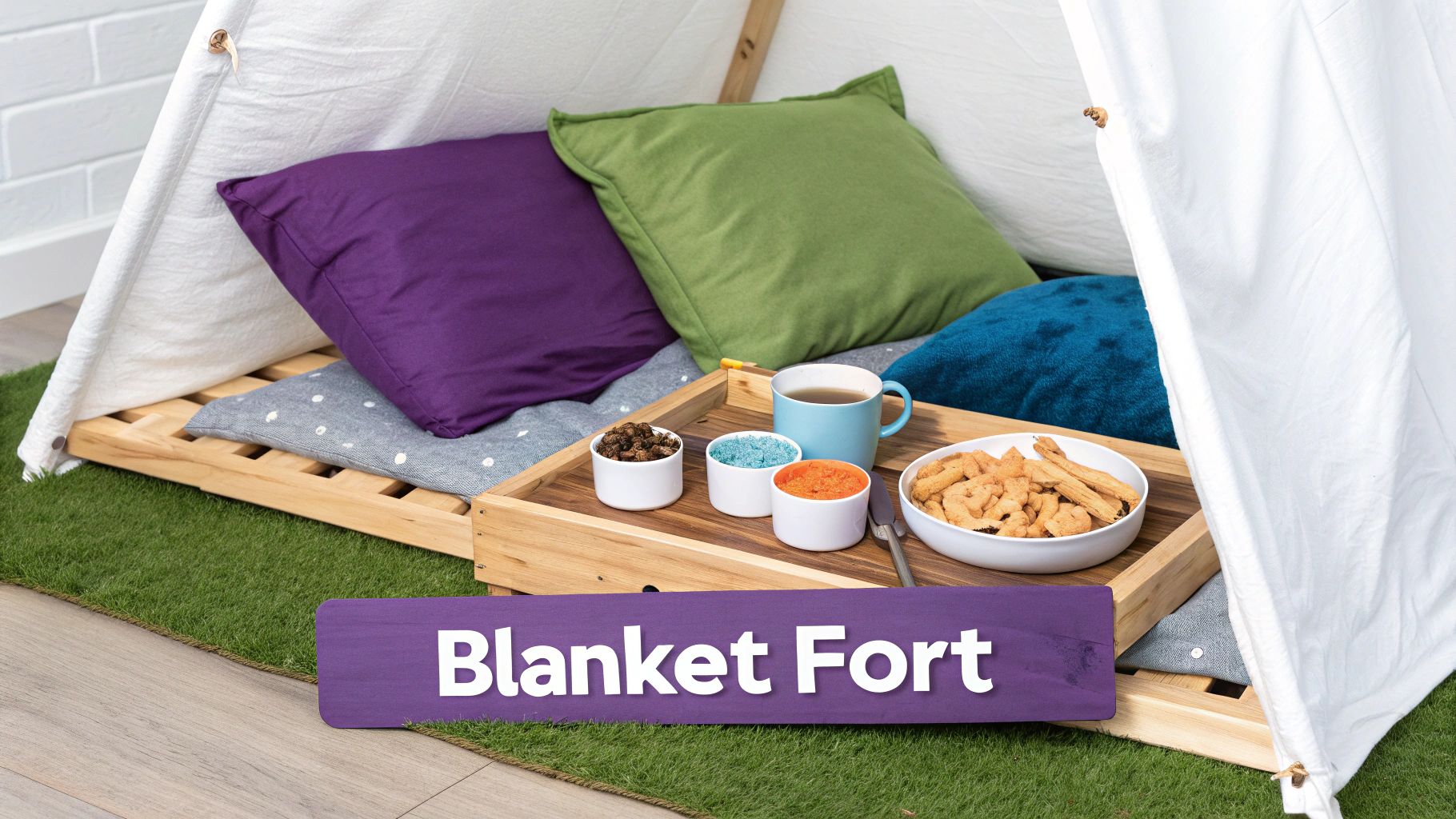 Cozy blanket fort setup with colorful pillows, snacks, and drinks for indoor date night