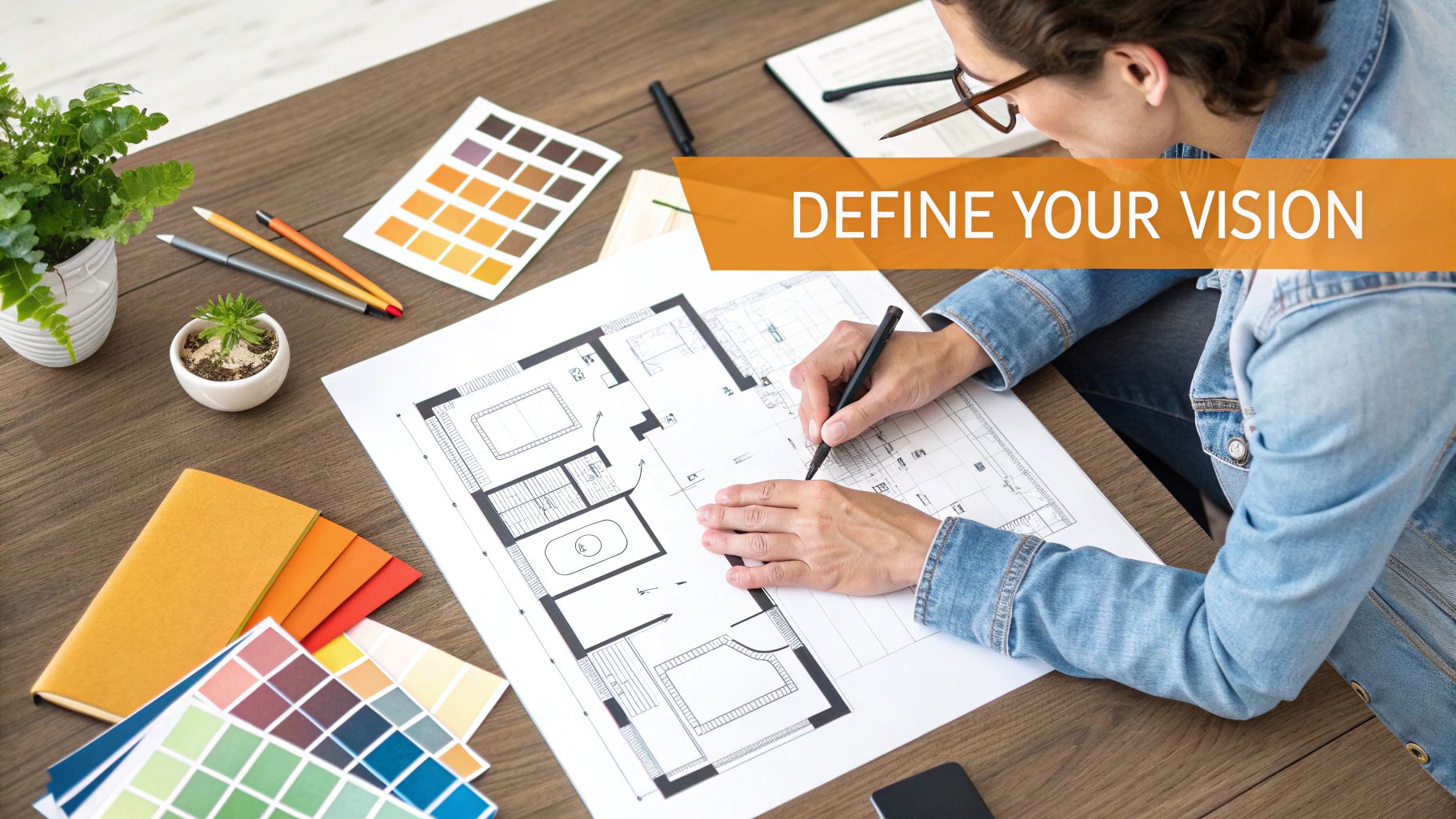 A notepad with a home renovation budget written on it, next to a calculator and measuring tape.