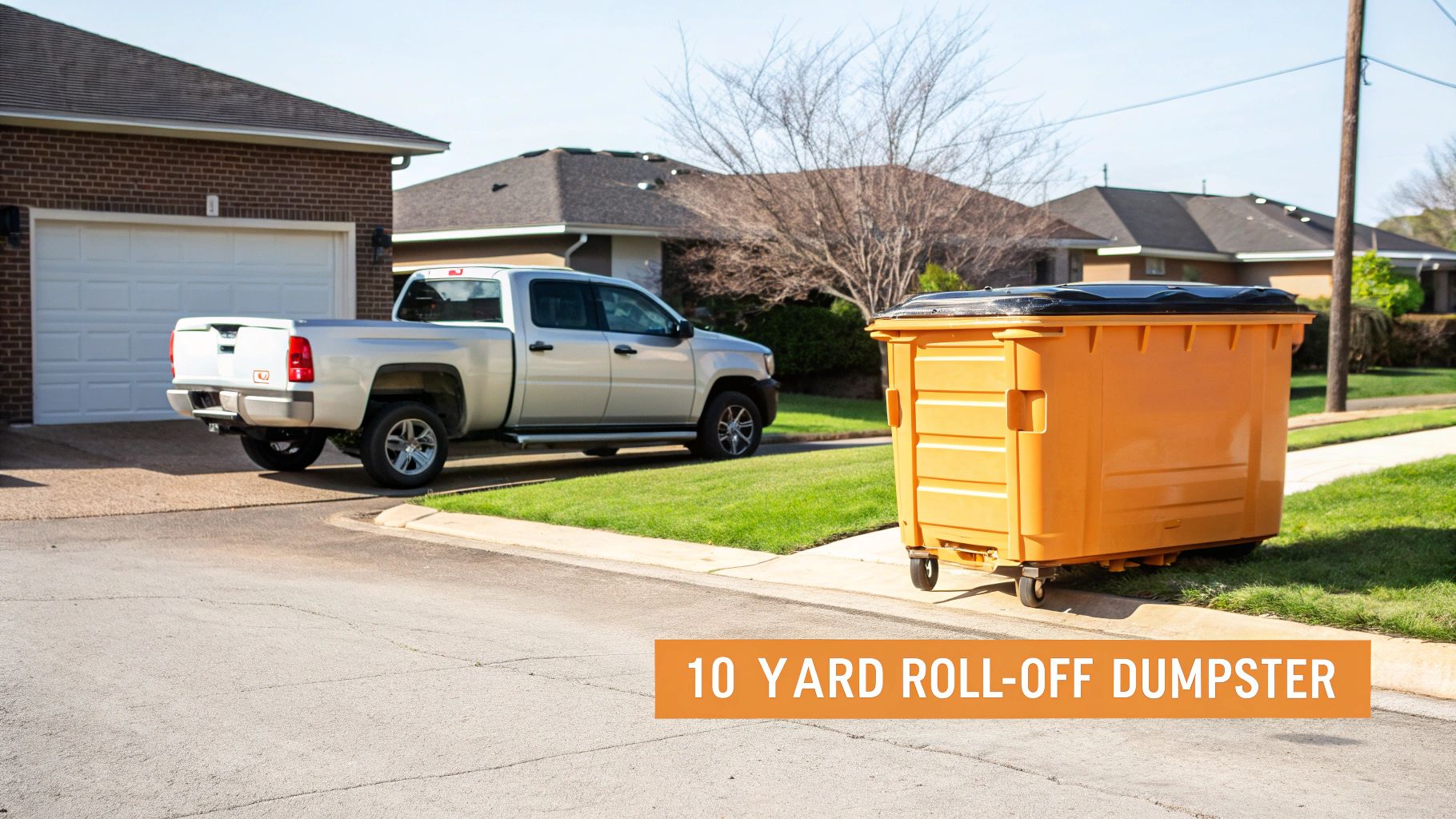 A clean 10 yard roll-off dumpster sitting on a residential driveway, ready for a cleanup project.