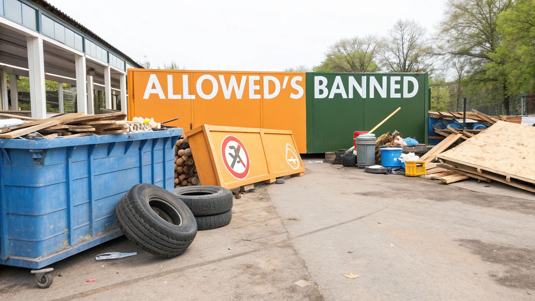 A homeowner looking thoughtfully at a roll-off dumpster placed in their driveway.
