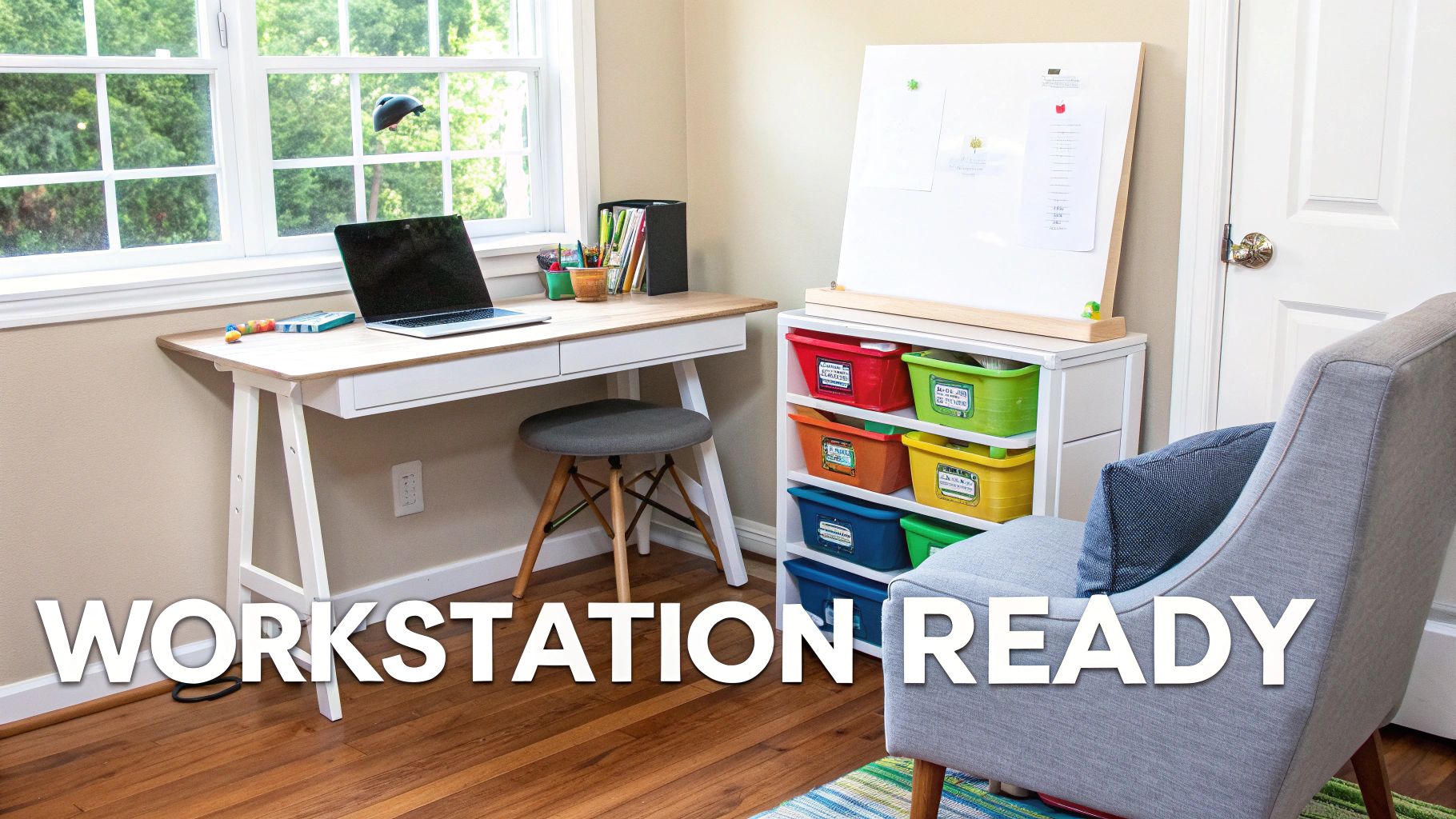 Organized homeschool workstation with colorful storage bins, desk, laptop, and comfortable seating area