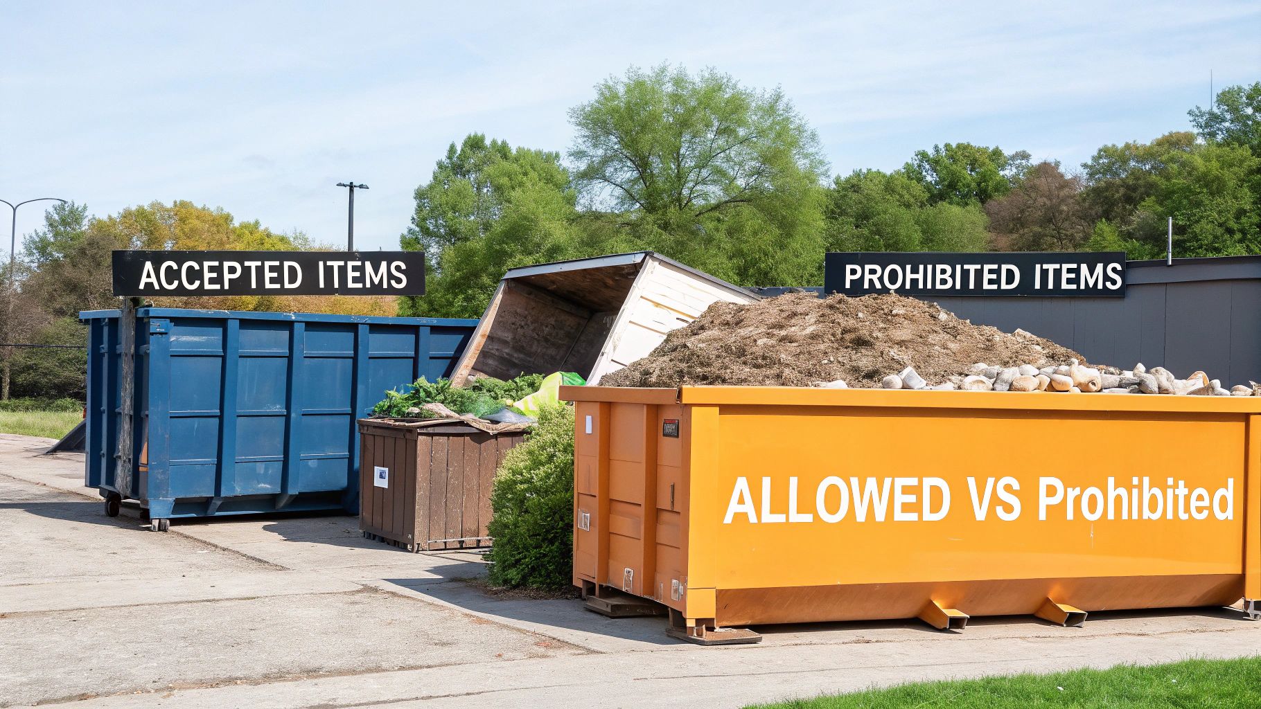 A dumpster being filled with acceptable construction materials.