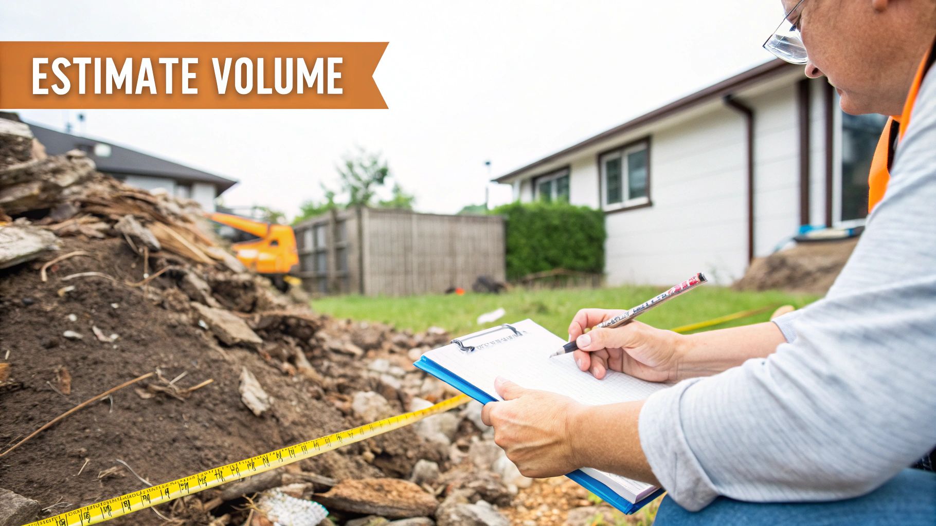 A person using a tape measure on a pile of construction debris near a home.