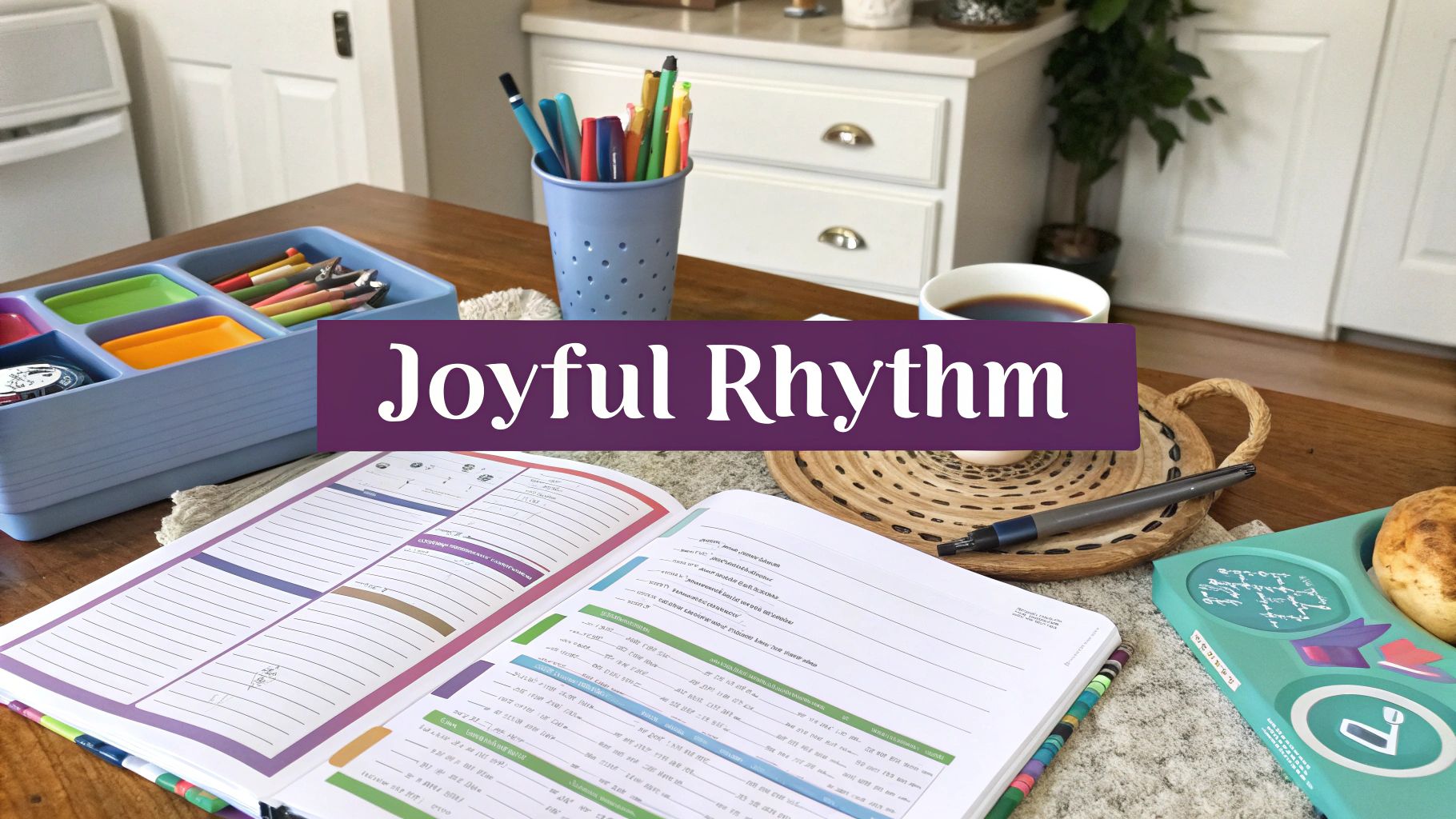 Organized homeschool planner with colorful supplies and coffee on wooden desk for joyful learning rhythm