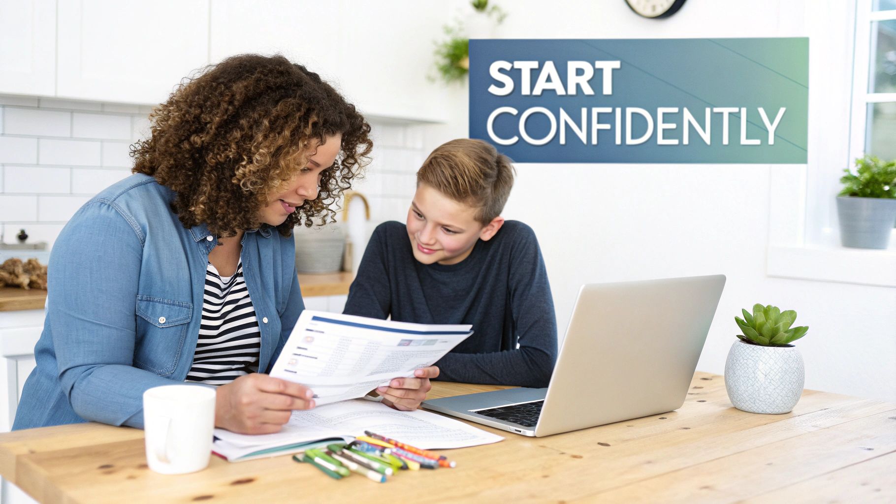 A teenage student sits at a desk at home, focused on her laptop while homeschooling.