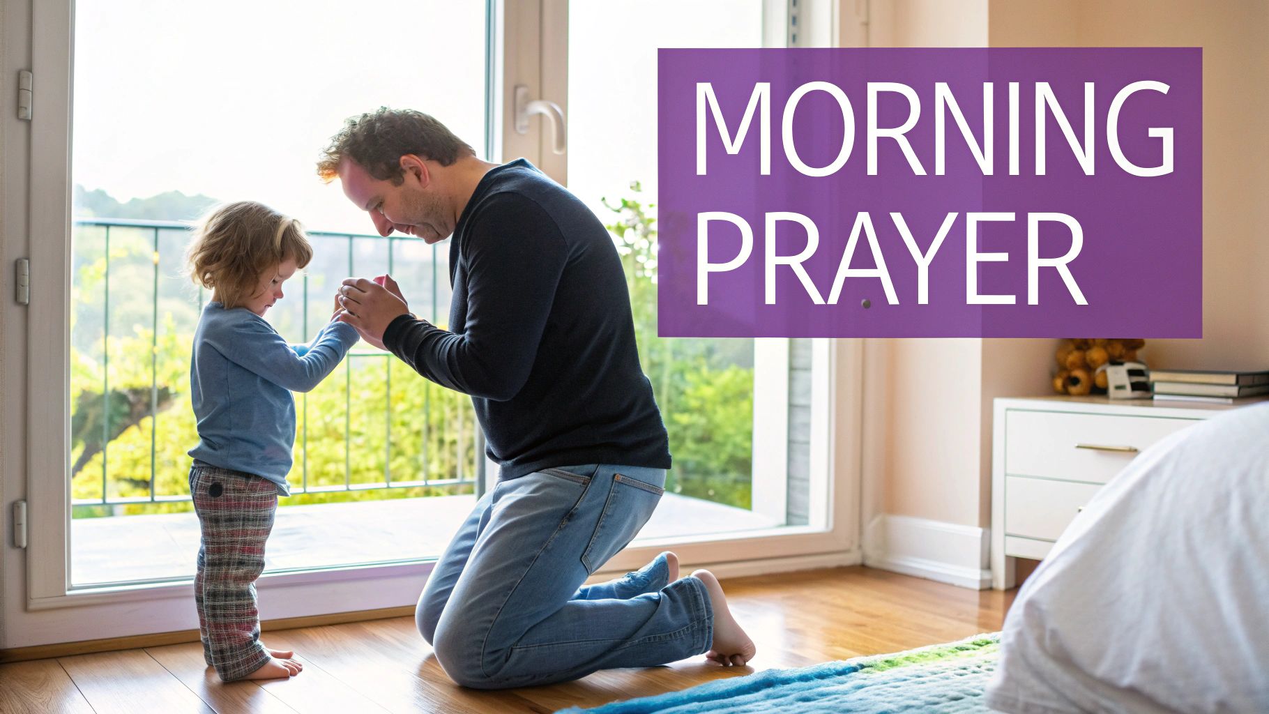 A family with young children holding hands and bowing their heads in prayer around a dinner table.