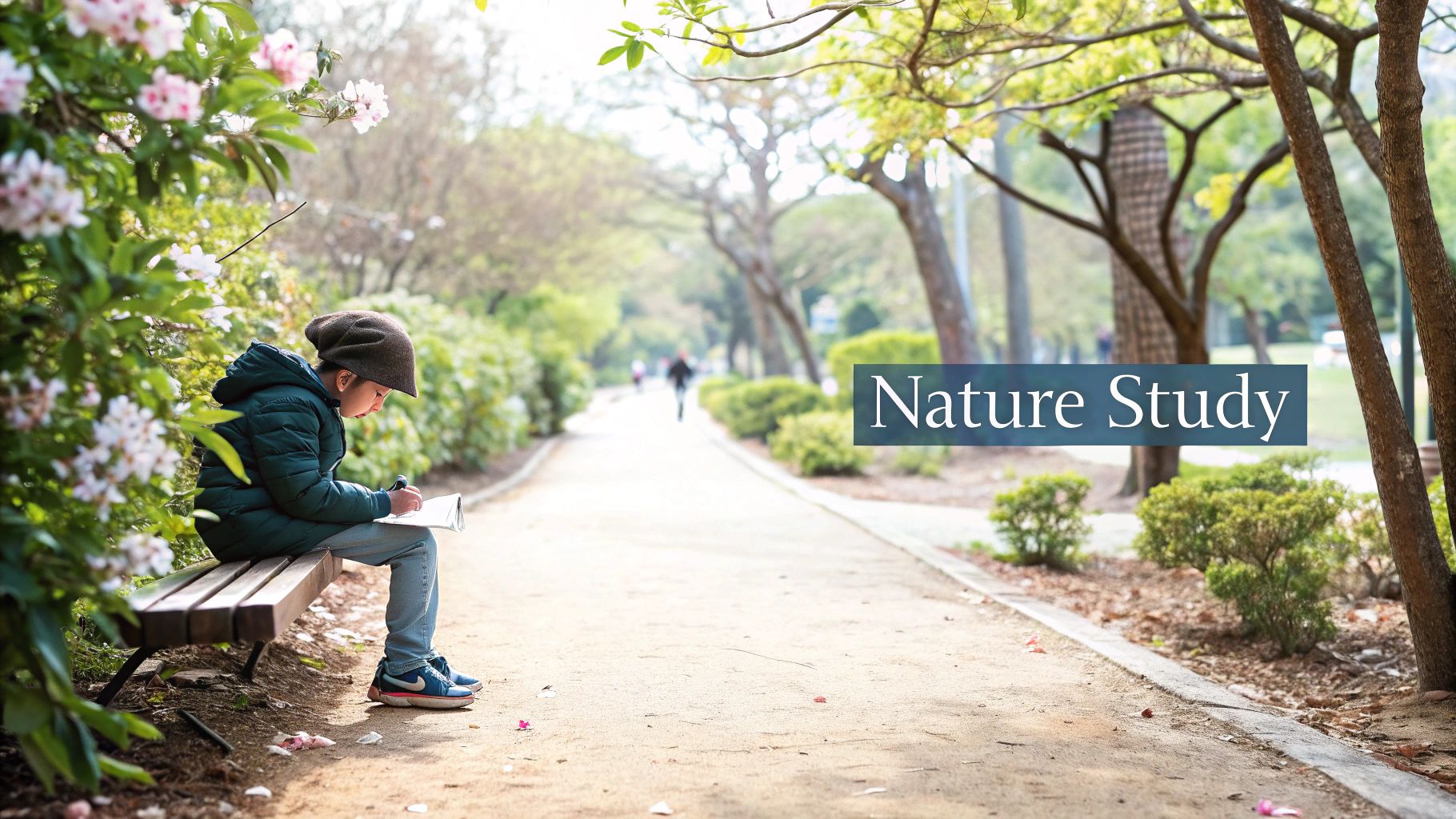 A child sits on a park bench, drawing in a notebook, engaged in a sunny nature study.