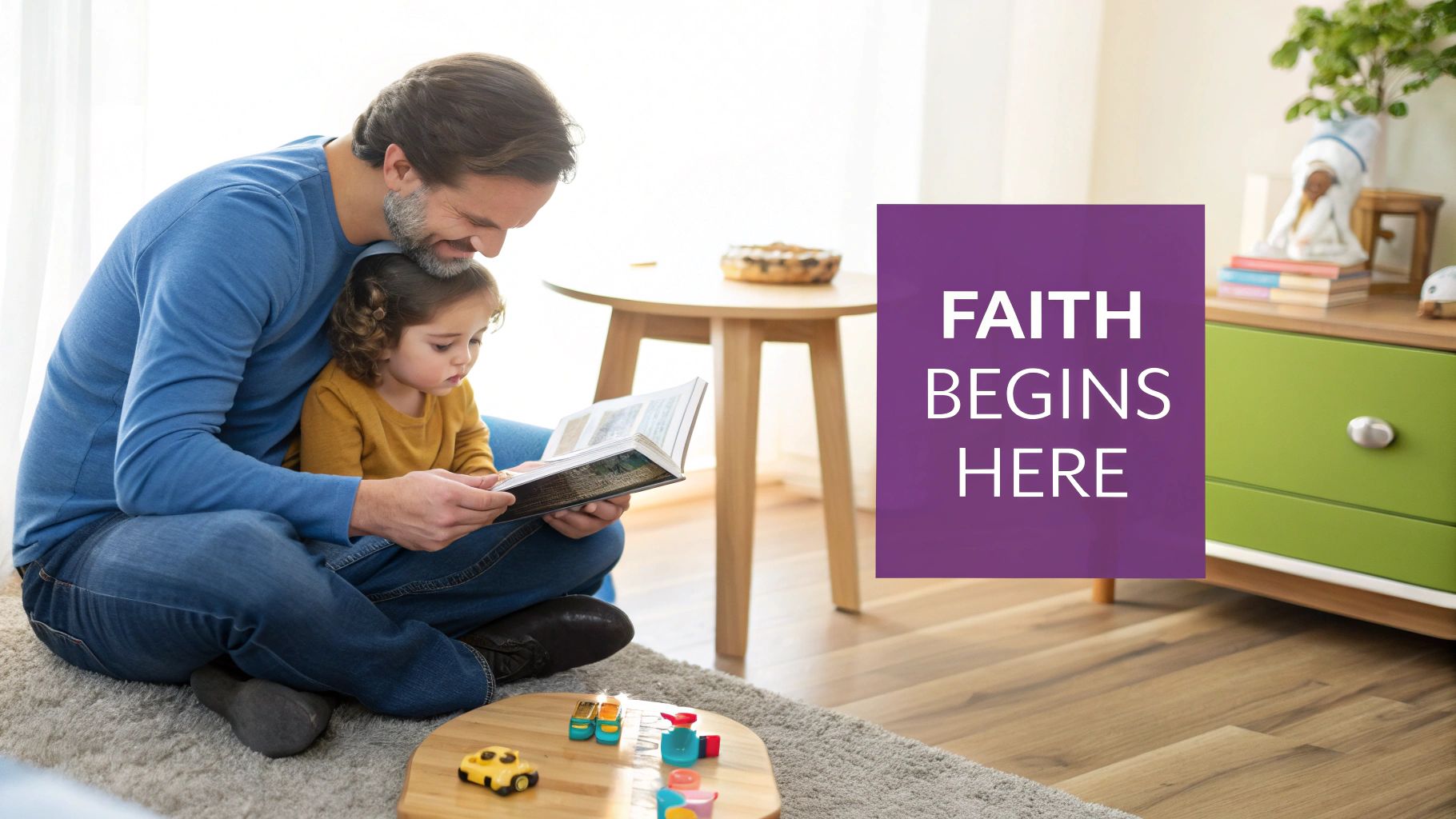 Father and daughter reading Bible together at home, building faith through early education