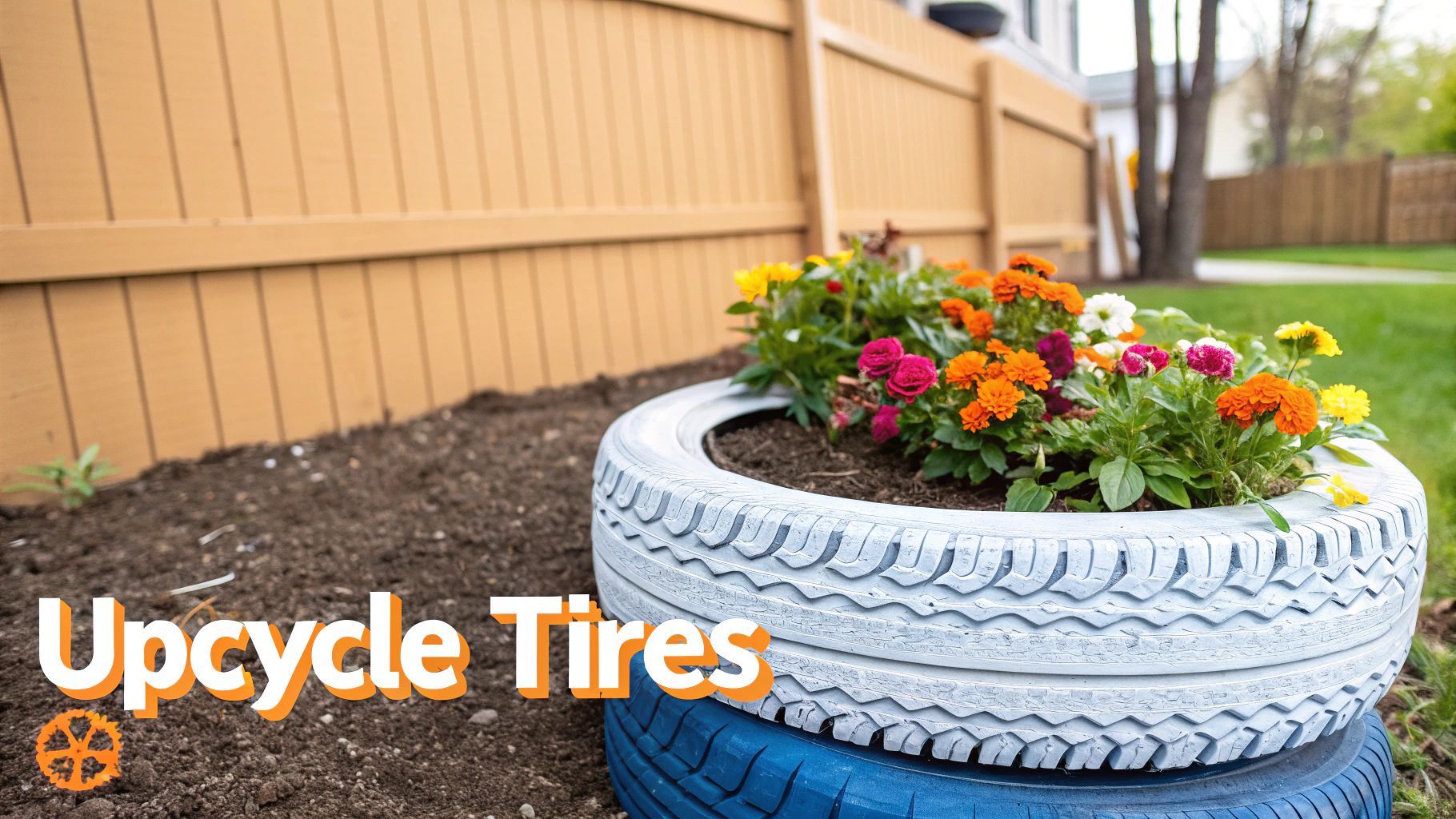 A person painting a stack of old tires to be used as garden planters.