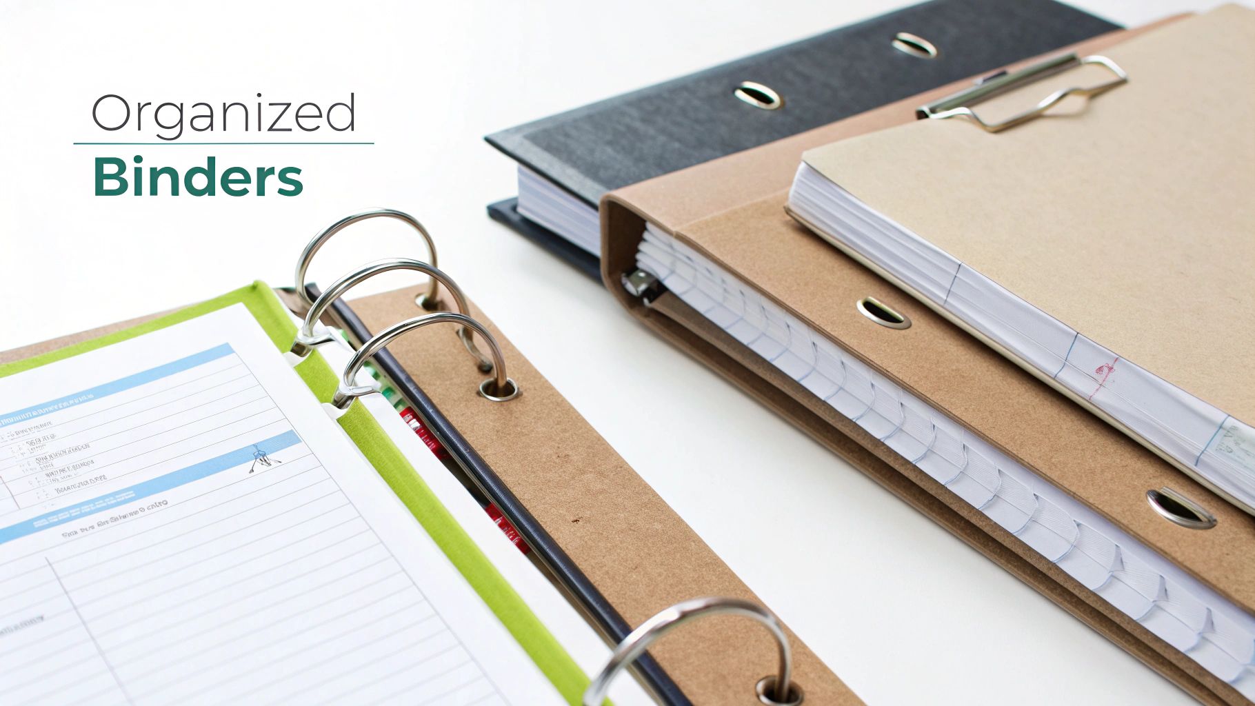 Organized ring binders with colorful tabs and papers for efficient homeschool document storage