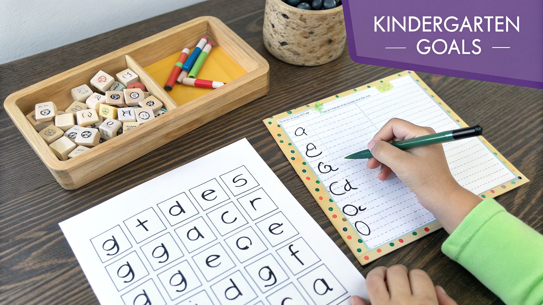 A child practices handwriting on lined paper next to a tray of learning blocks and pencils.