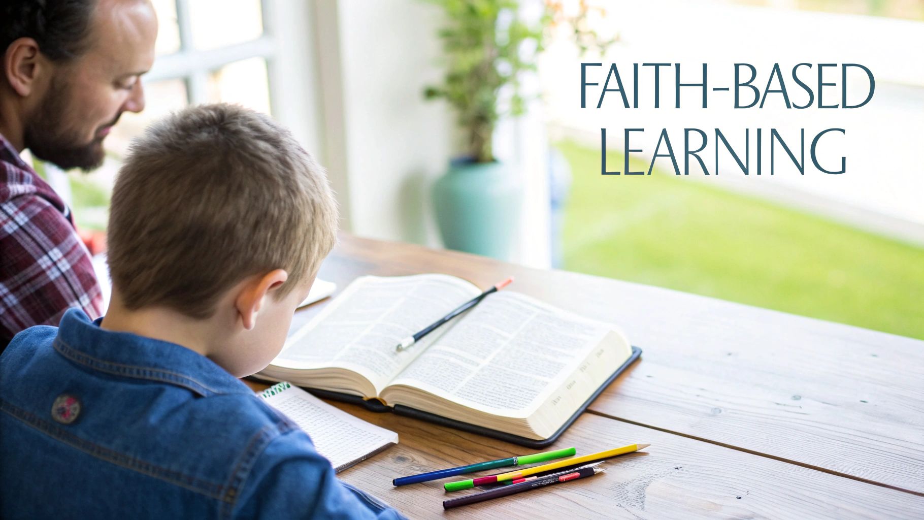 Mother and daughter smiling while working on a homeschool lesson together in a bright, inviting room.