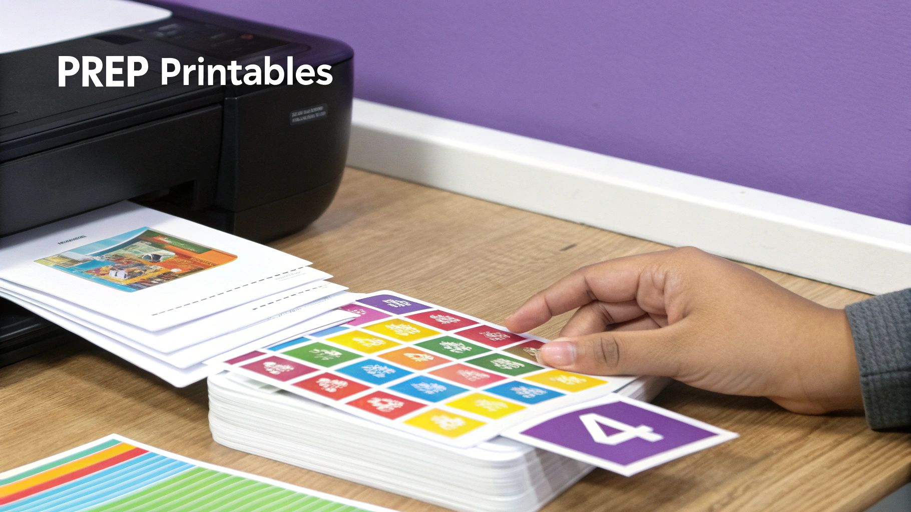 A child's hands laminating a colorful printable activity sheet.
