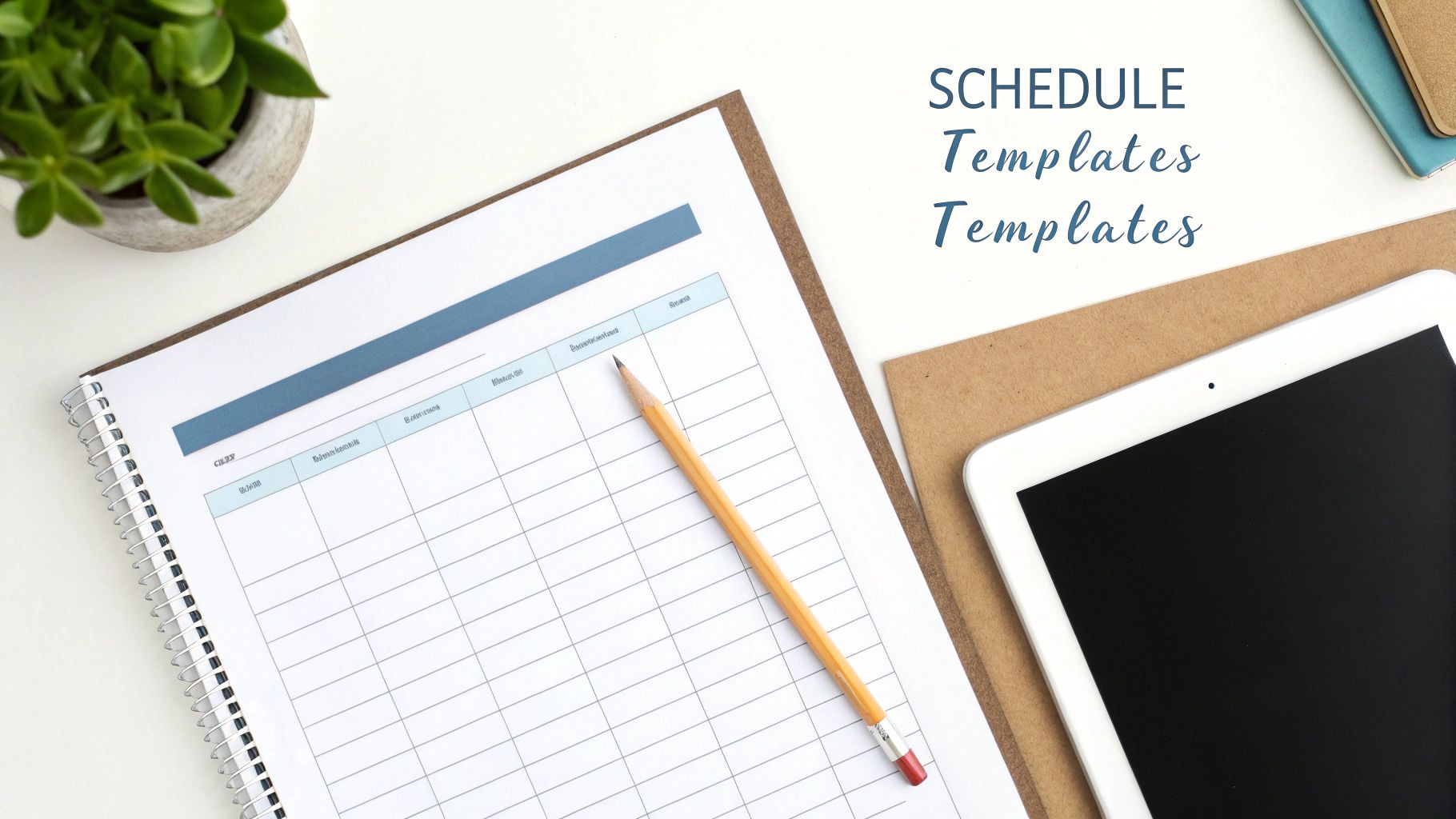 Spiral bound weekly schedule planner template on desk with pencil, tablet and plant