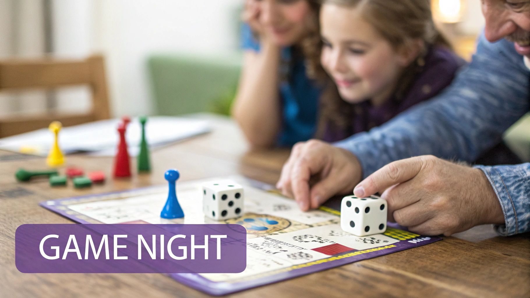 Family playing board game together at table with colorful pieces and dice during game night