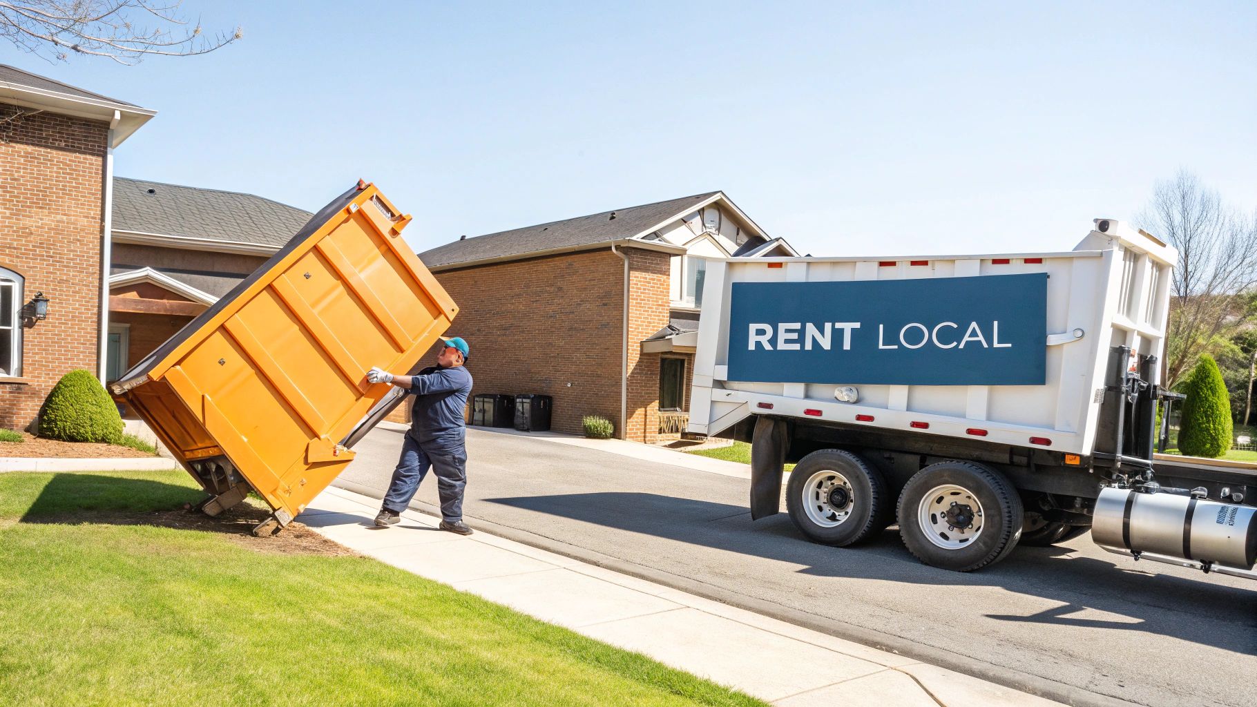 Various sizes of roll-off dumpsters lined up ready for rental.