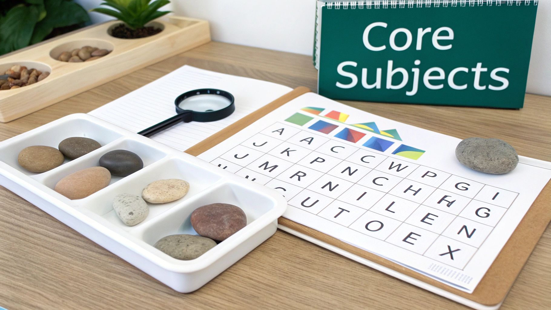 A young child sits at a wooden table with colorful blocks, engaged in a hands-on learning activity, representing an ideal kindergarten homeschool curriculum.