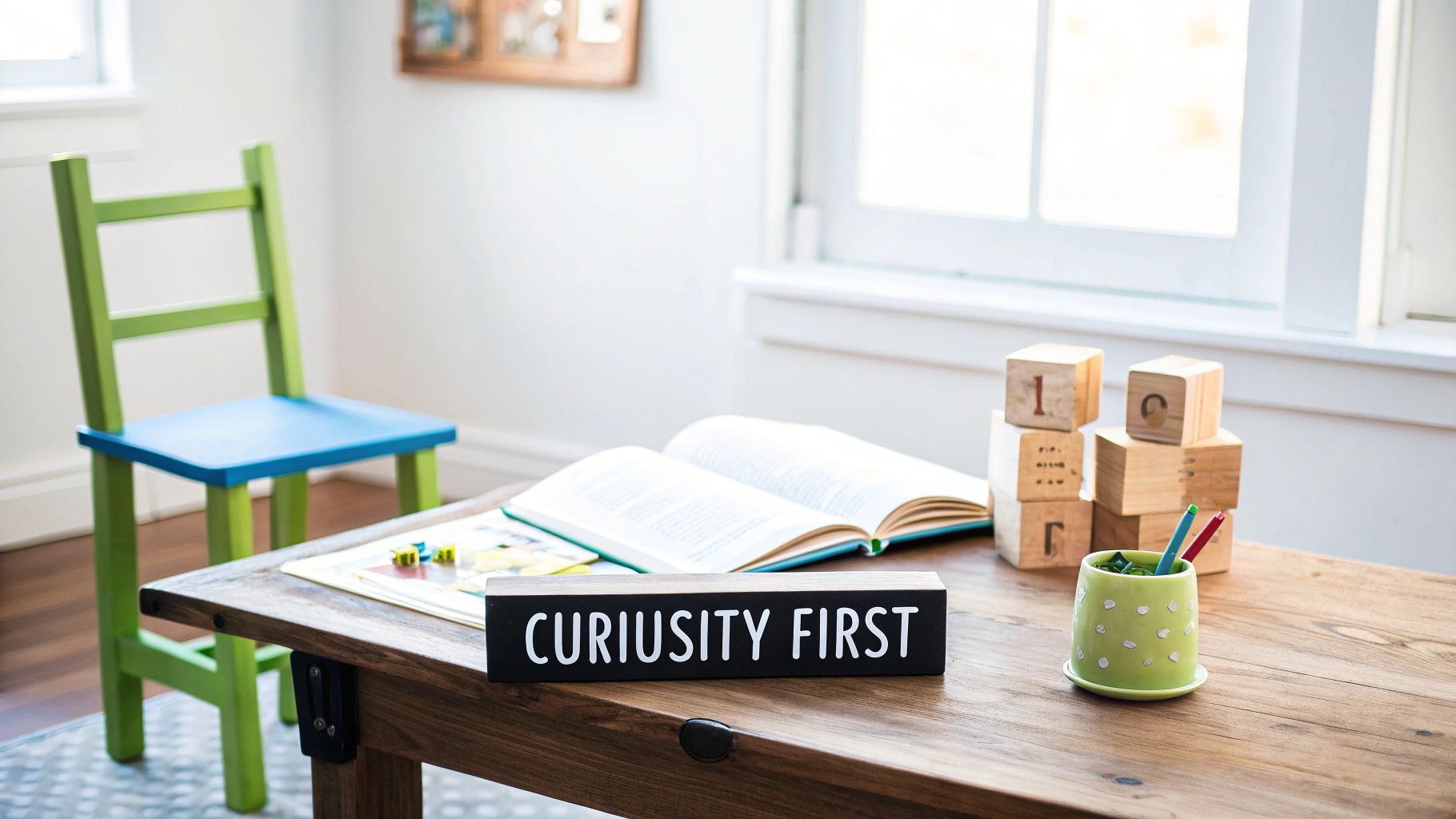 A young child sits at a wooden table with colorful blocks, engaged in a hands-on learning activity, representing an ideal kindergarten homeschool curriculum.