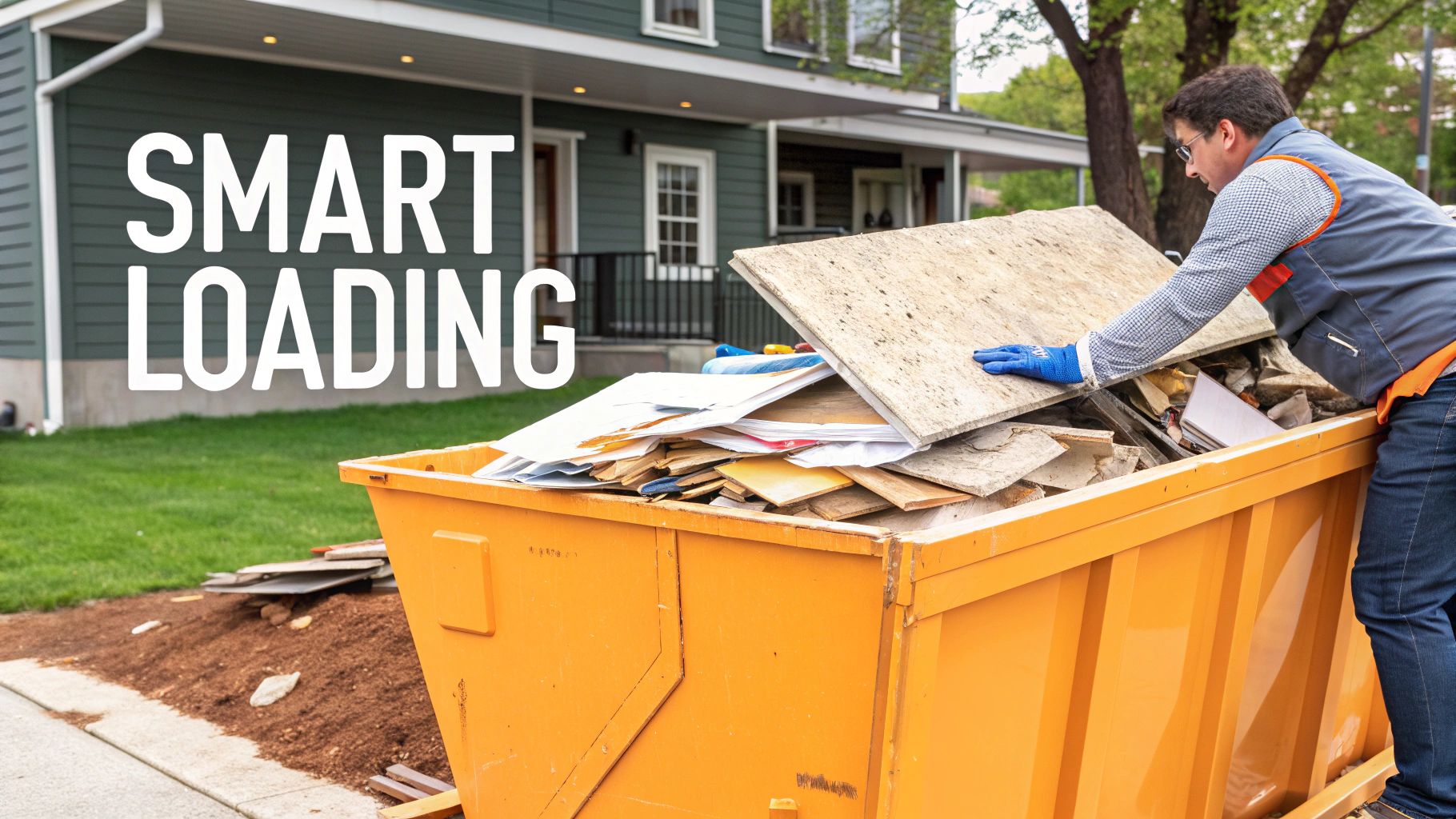 A person safely loading renovation debris into a roll-off dumpster.