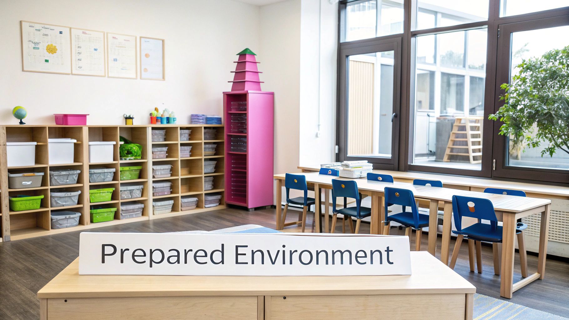 Bright Montessori classroom with organized shelving, wooden tables, blue chairs, and pink educational materials