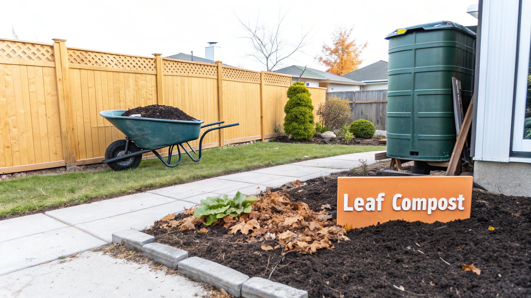 Man raking leaves into a yard waste bag on the curb