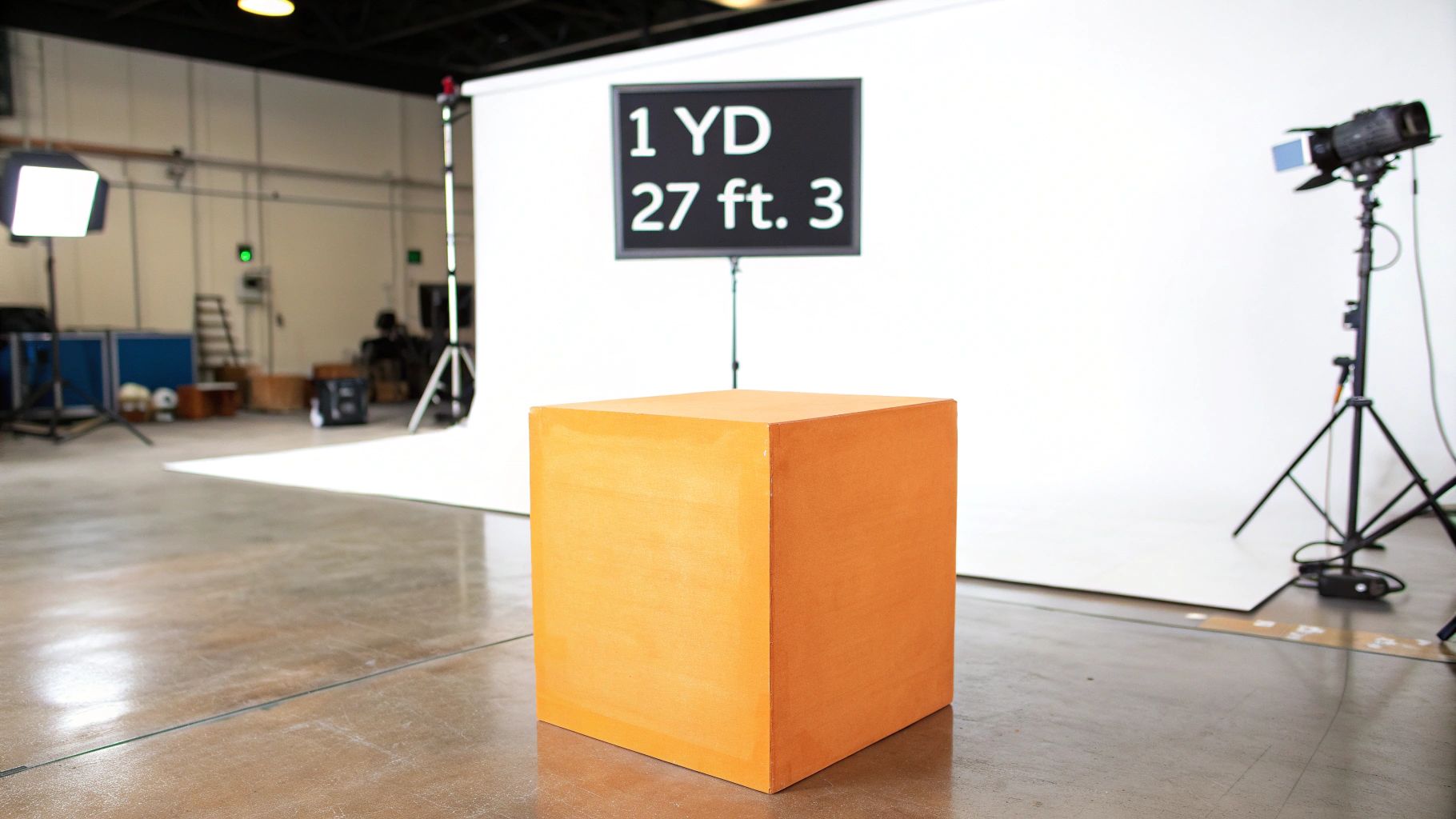 A construction worker measuring a pile of gravel next to a large roll-off dumpster.
