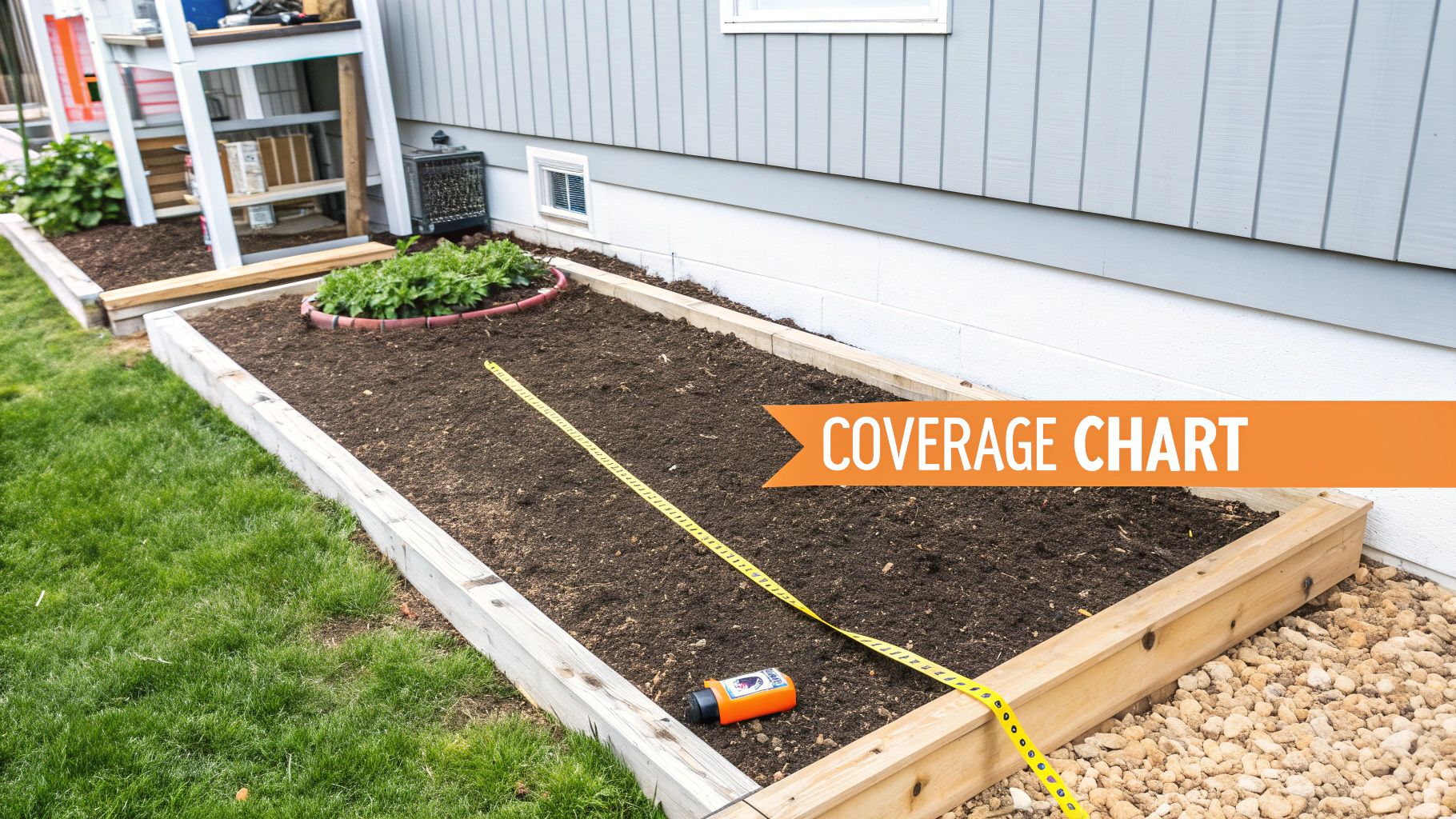 Landscaper spreading mulch in a garden bed, illustrating the concept of depth in material coverage.