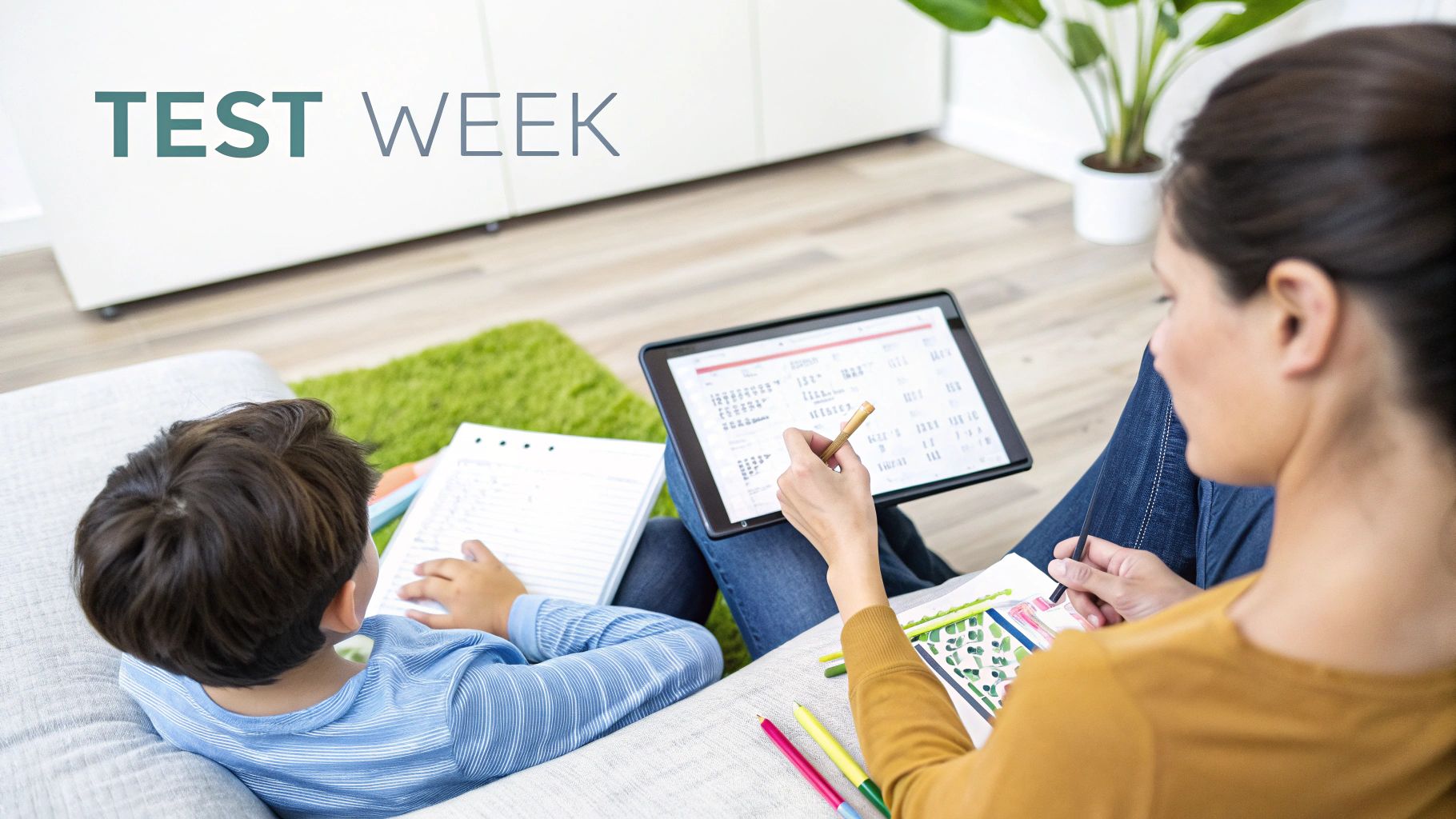 A young girl sits at a desk, focused on a colorful worksheet with a pencil in her hand, surrounded by homeschool supplies.