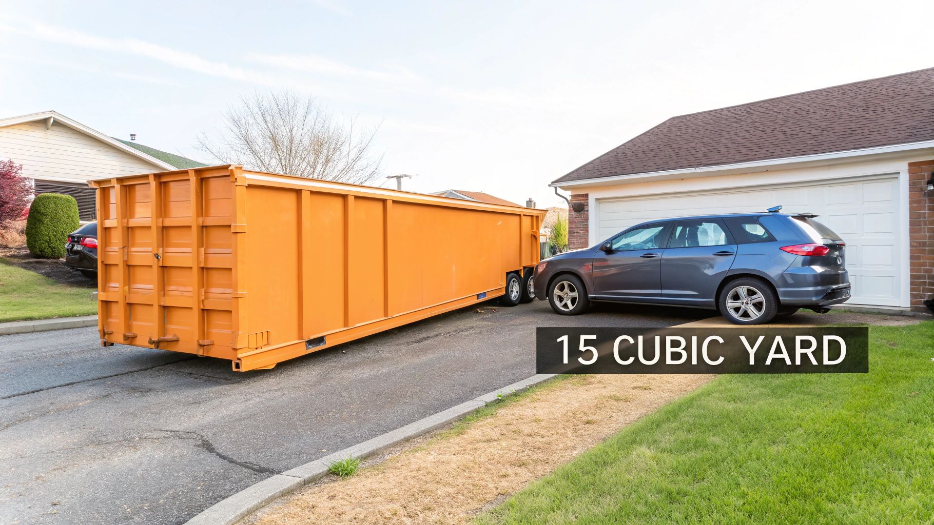 A clean, empty 15 cubic yard roll-off dumpster sitting in a residential driveway.