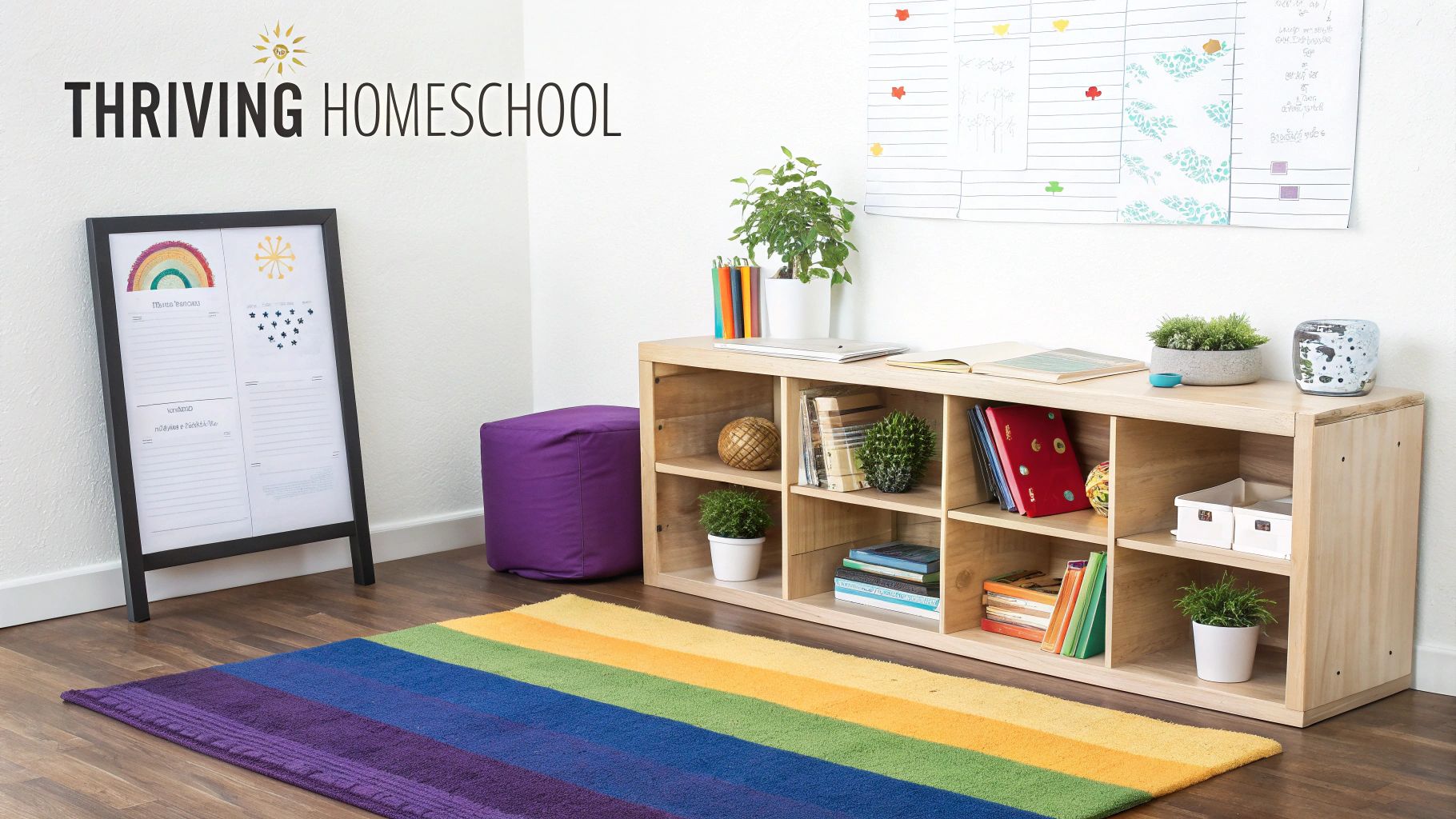 An inviting and vibrant homeschool classroom with a light wood bookshelf, a whiteboard, and a rainbow rug on the floor.