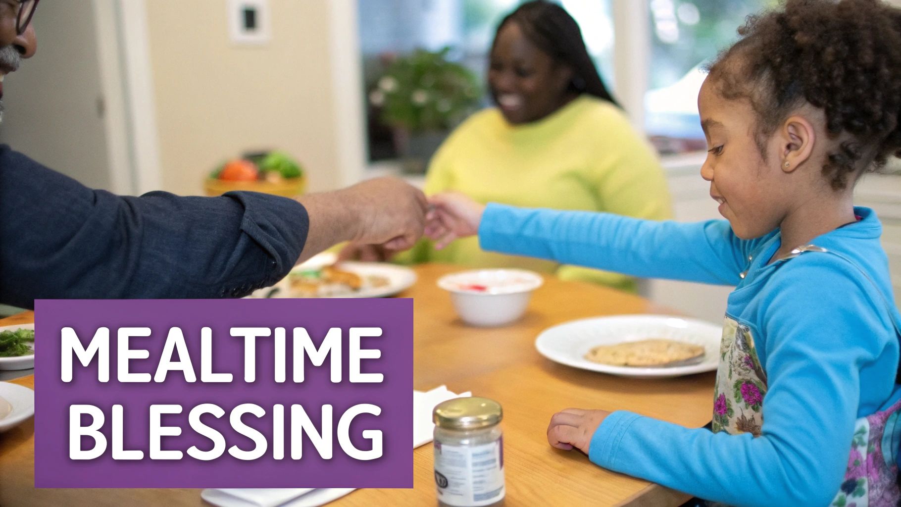 A young child is kneeling by their bed with hands clasped in prayer, with soft moonlight coming through the window.