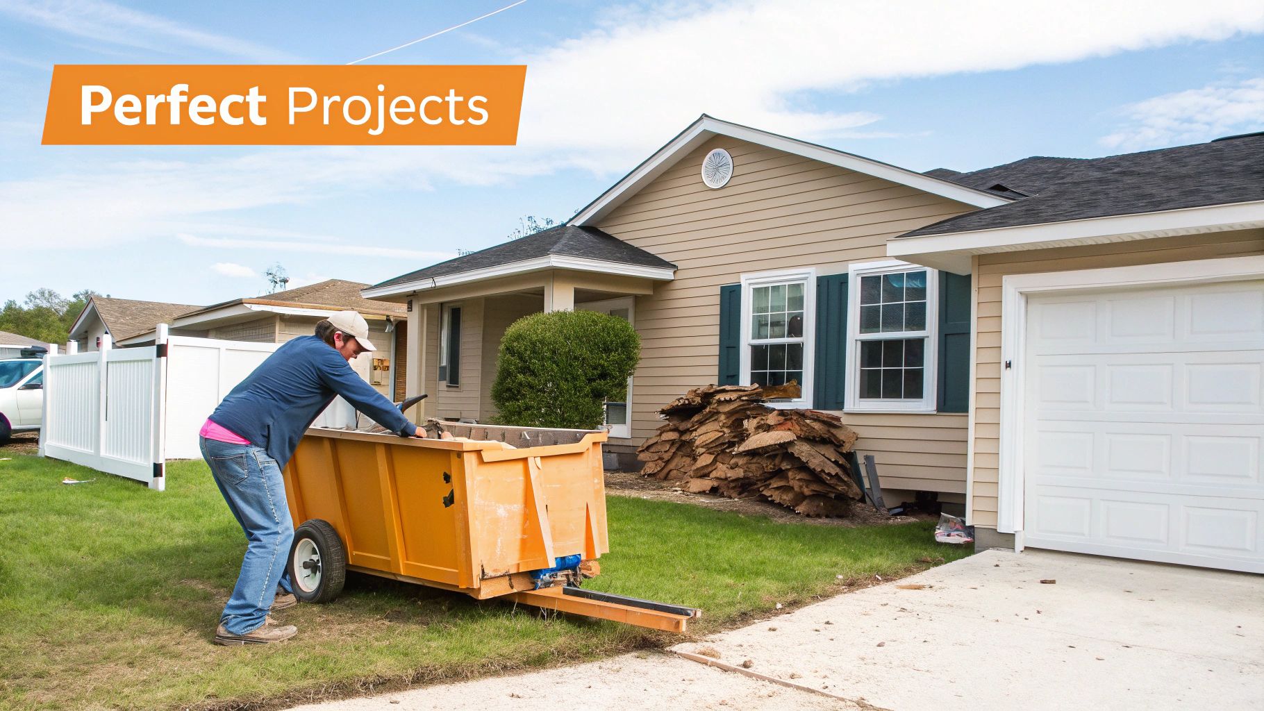 A homeowner loading renovation debris into a 10 yard dumpster on their driveway.