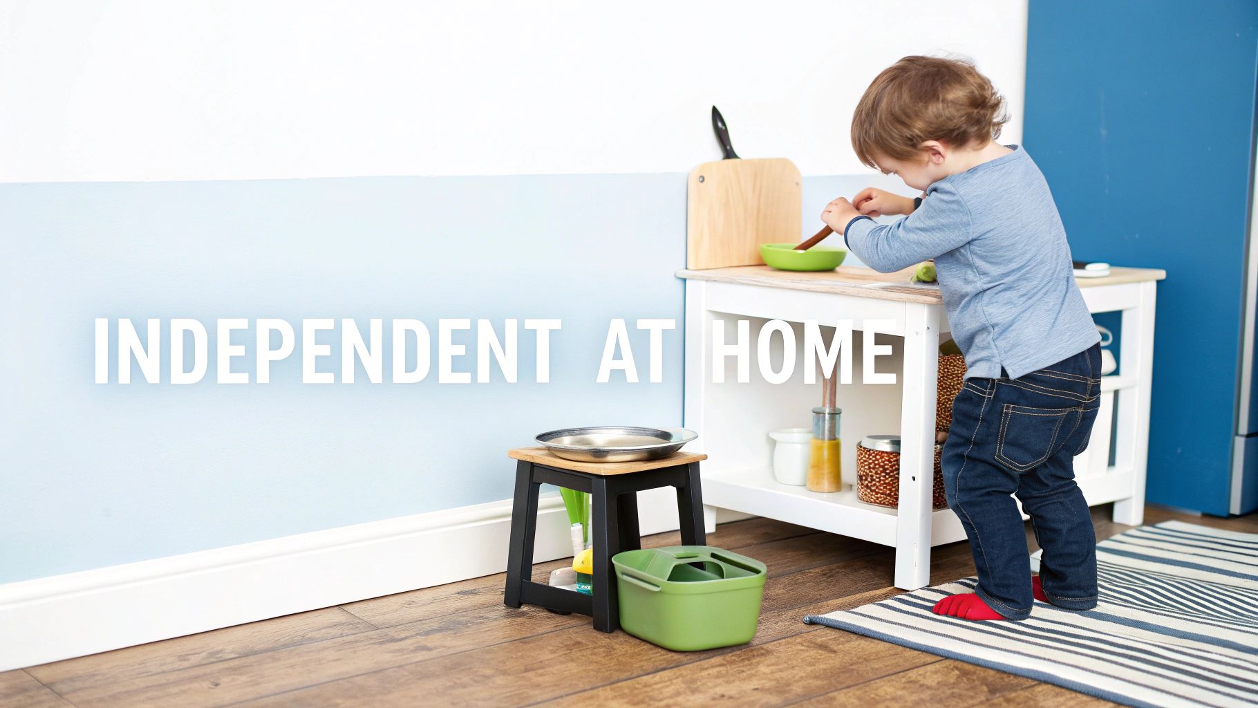 Young child independently preparing food at child-sized Montessori kitchen workspace at home