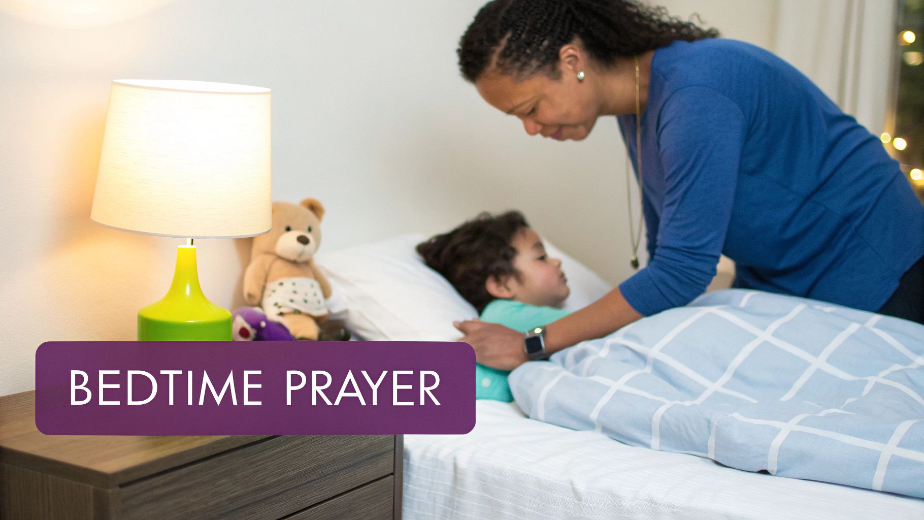 A parent and child are sitting together in a cozy corner, looking at a book about prayer.