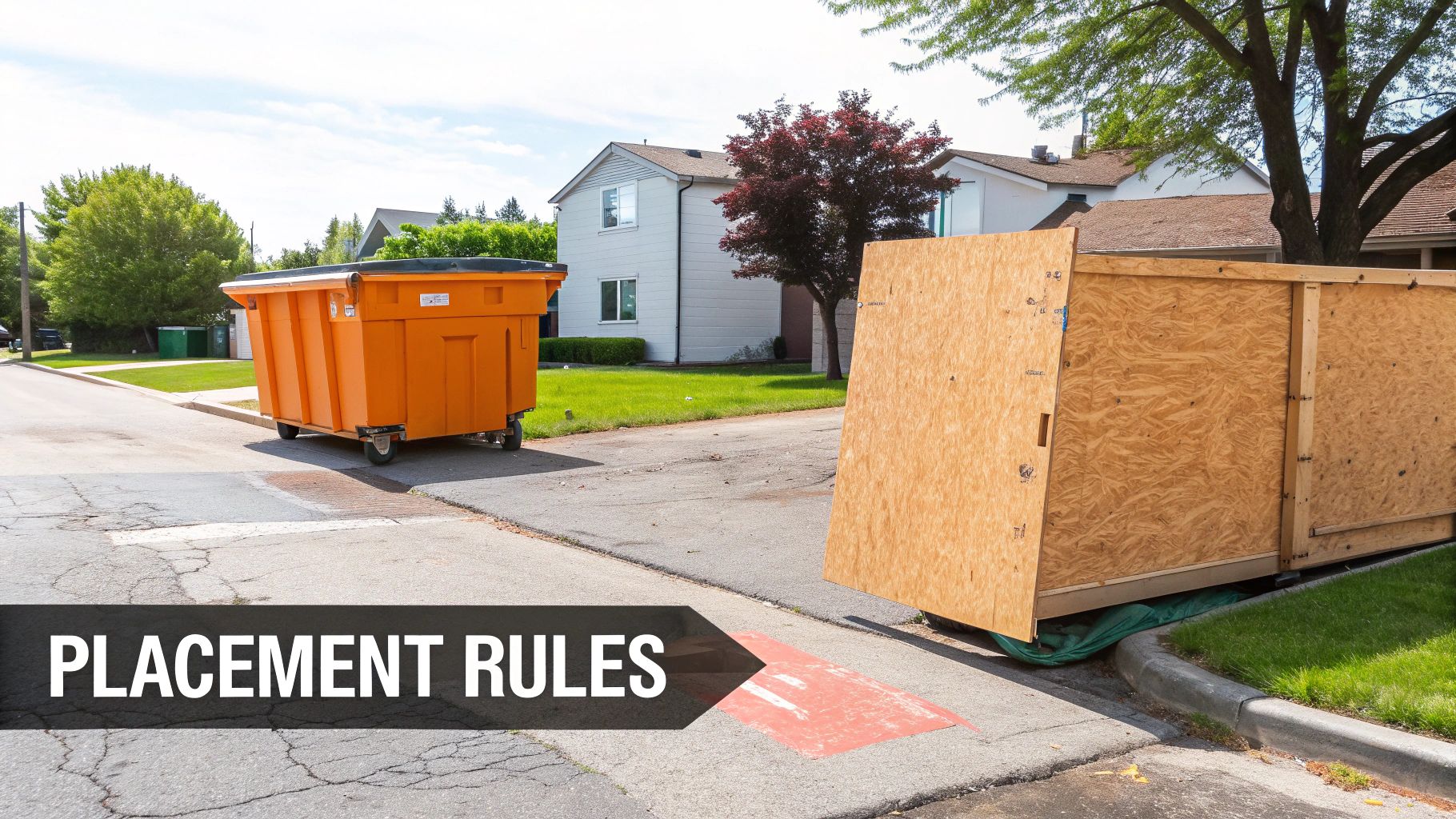 A roll-off dumpster placed on a residential driveway for a home renovation project.