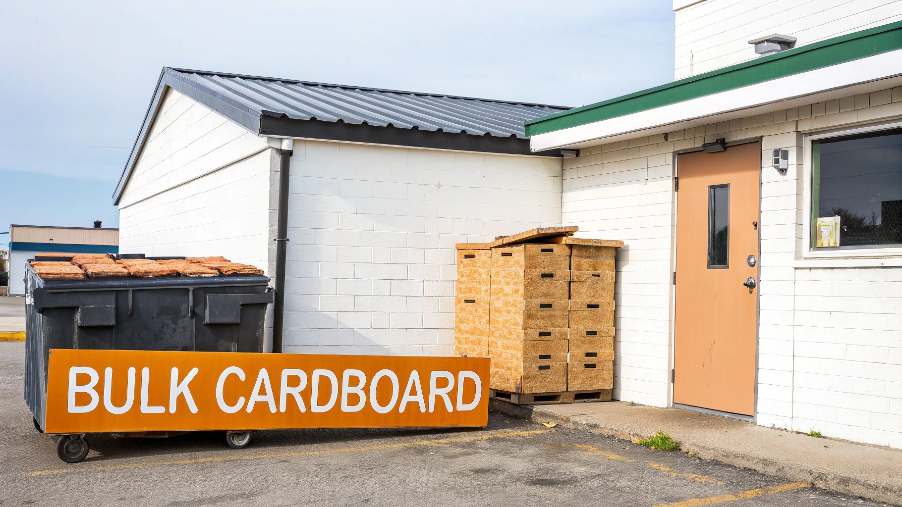 A large roll-off dumpster being delivered to a commercial site, ready for bulk waste disposal.