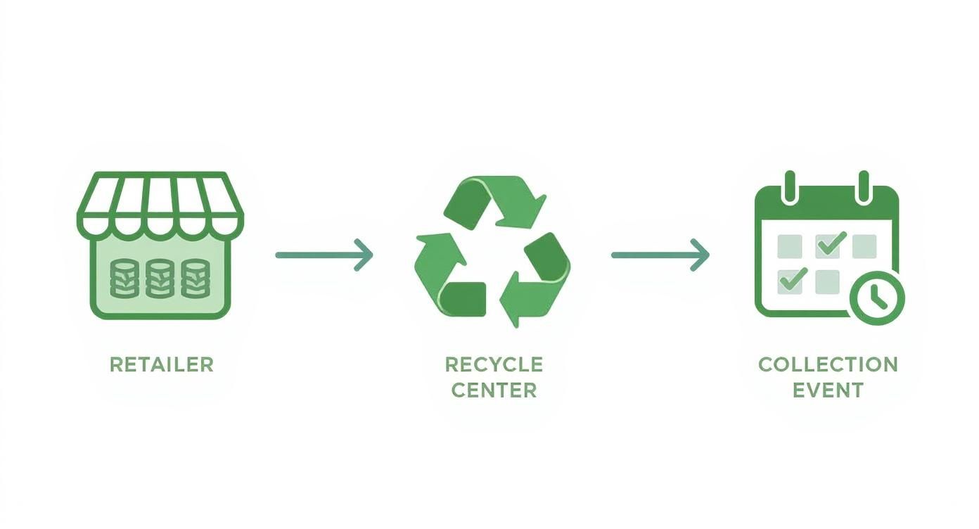 Infographic showing the process flow for disposing of tires, with icons for retailers, recycling centers, and collection events.