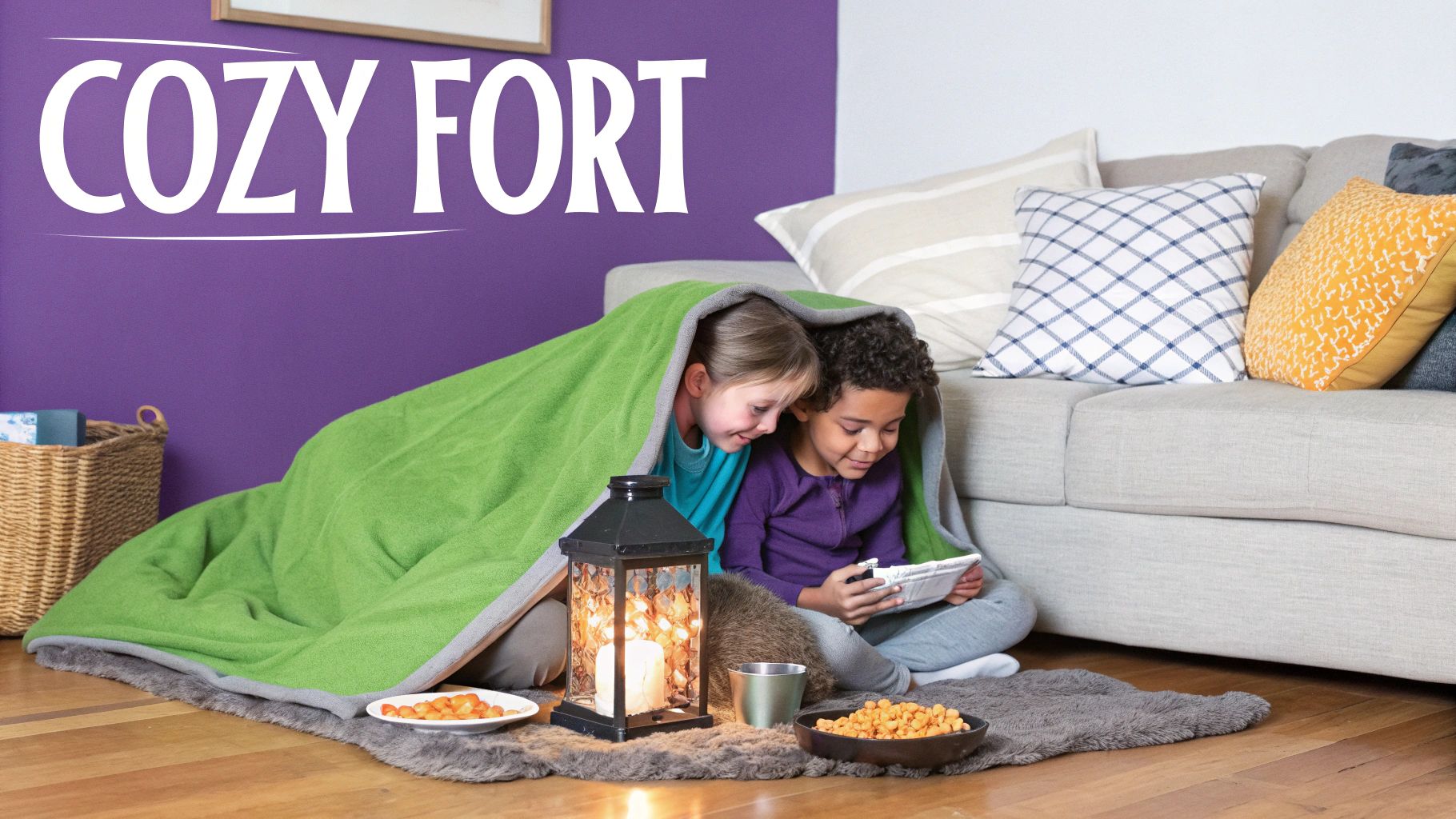 Two children reading book under blanket fort with snacks and lantern in cozy living room